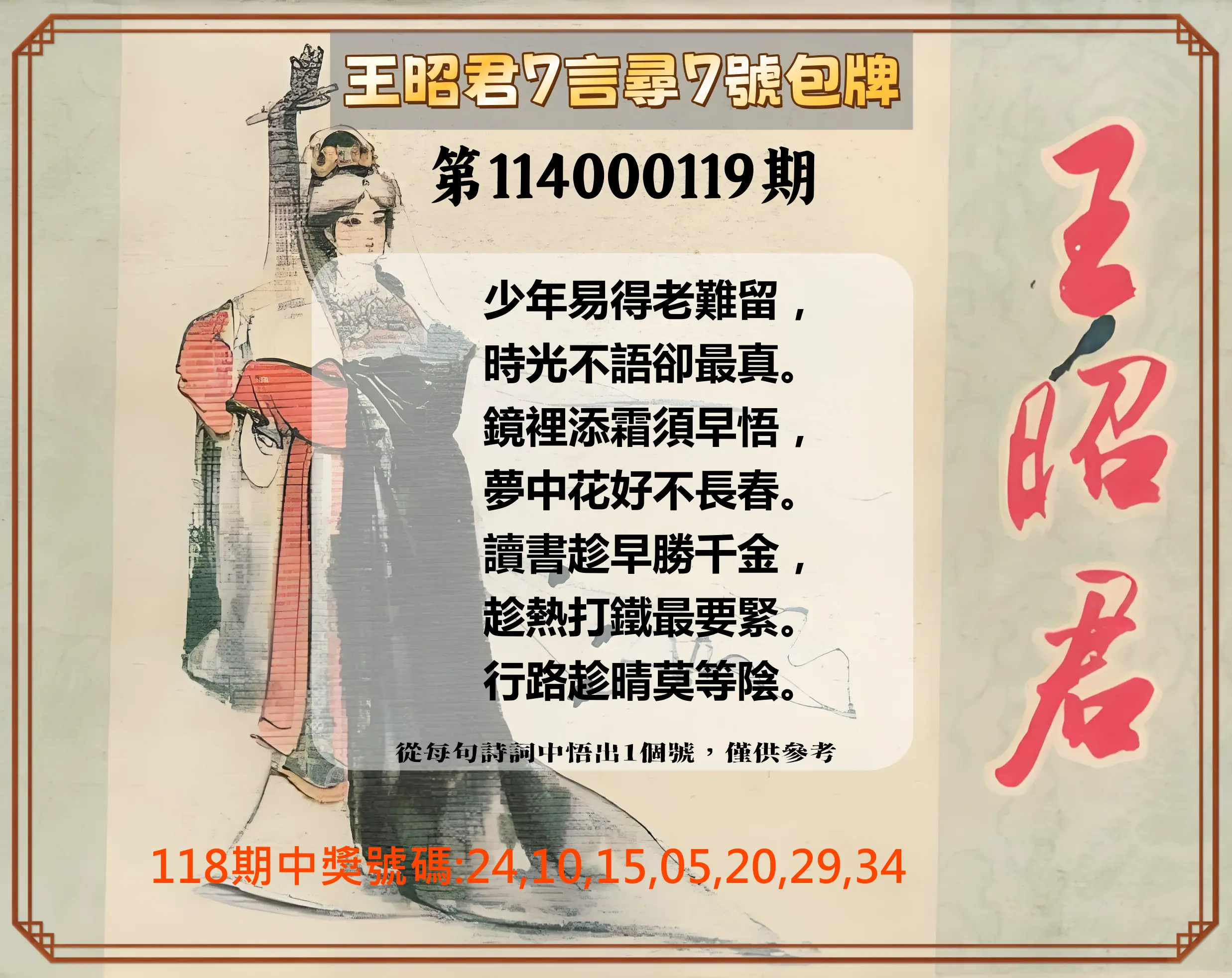 大樂透第114000119期(01/02)王昭君7言尋7號包牌