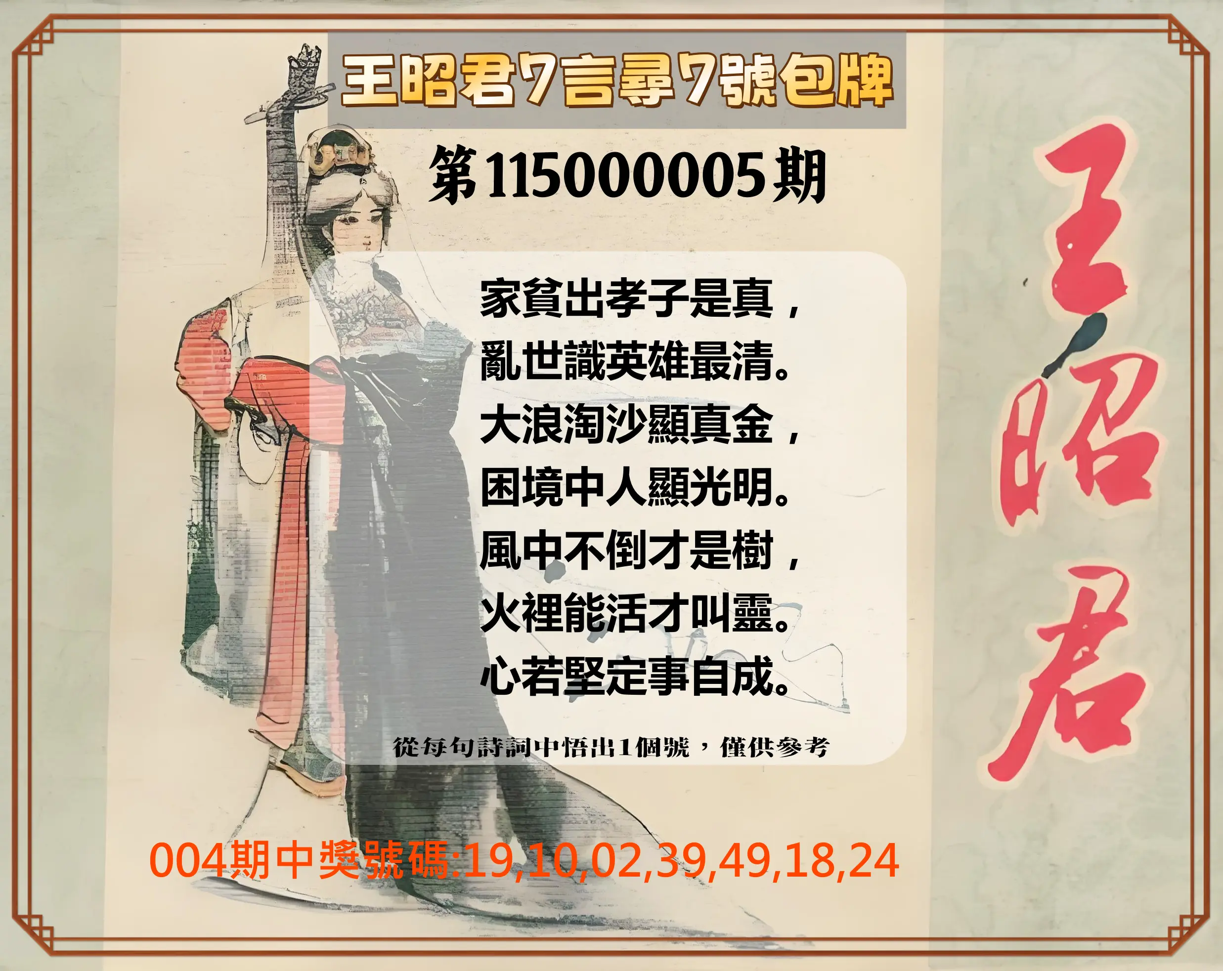 大樂透第115000005期(01/16)王昭君7言尋7號包牌