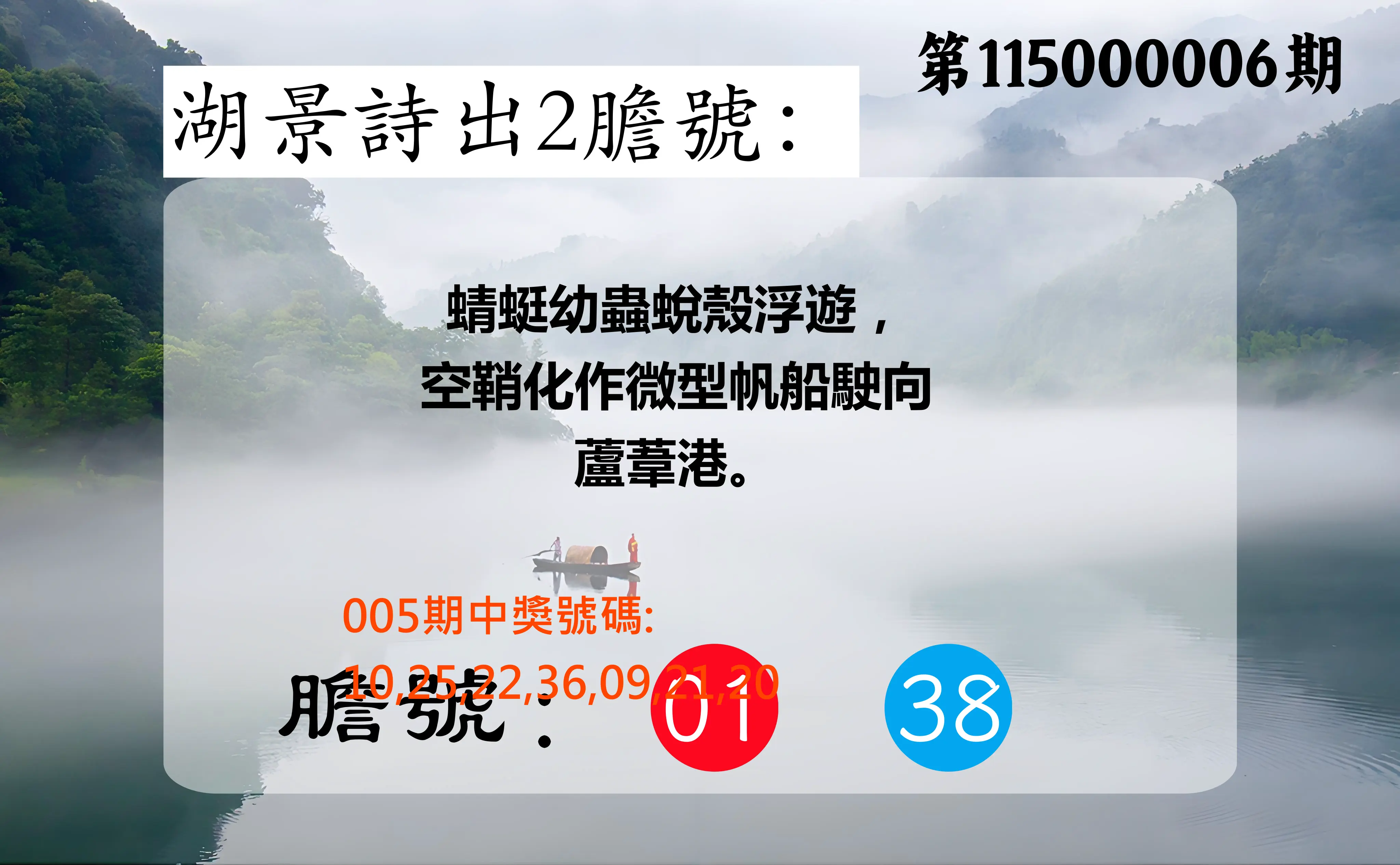 大樂透第115000006期(01/20)湖景詩出2膽號