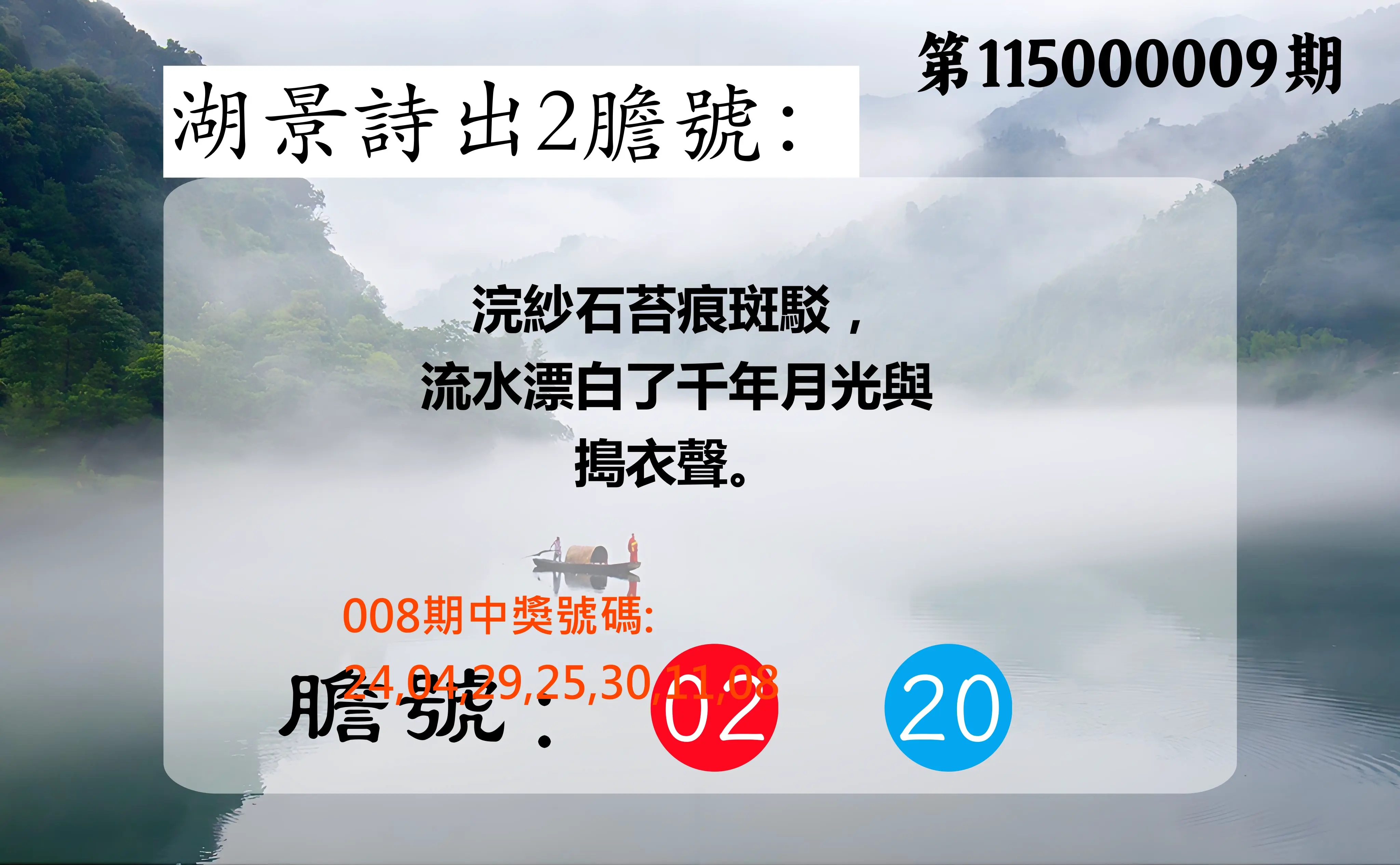 大樂透第115000009期(01/30)湖景詩出2膽號