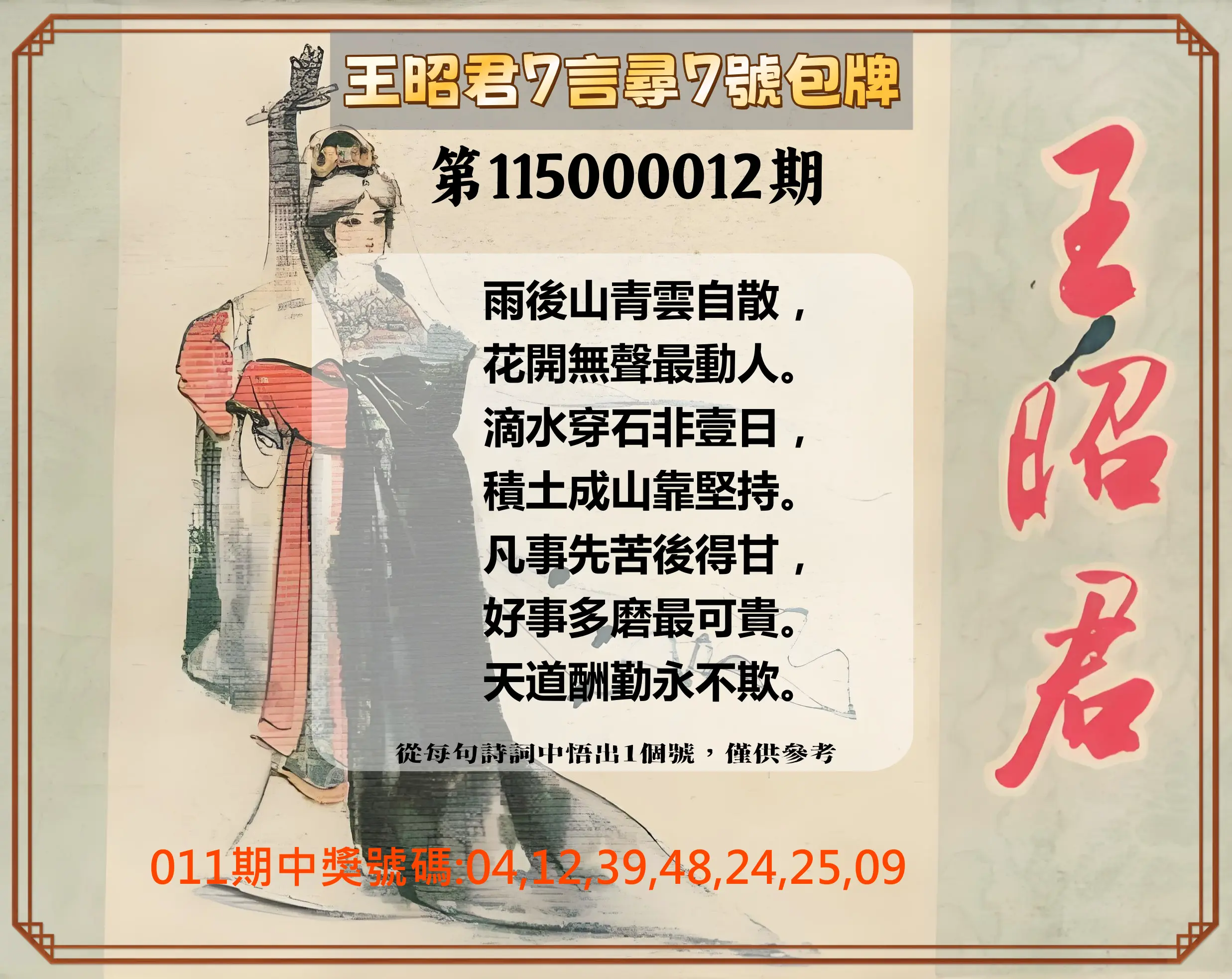 大樂透第115000012期(02/10)王昭君7言尋7號包牌