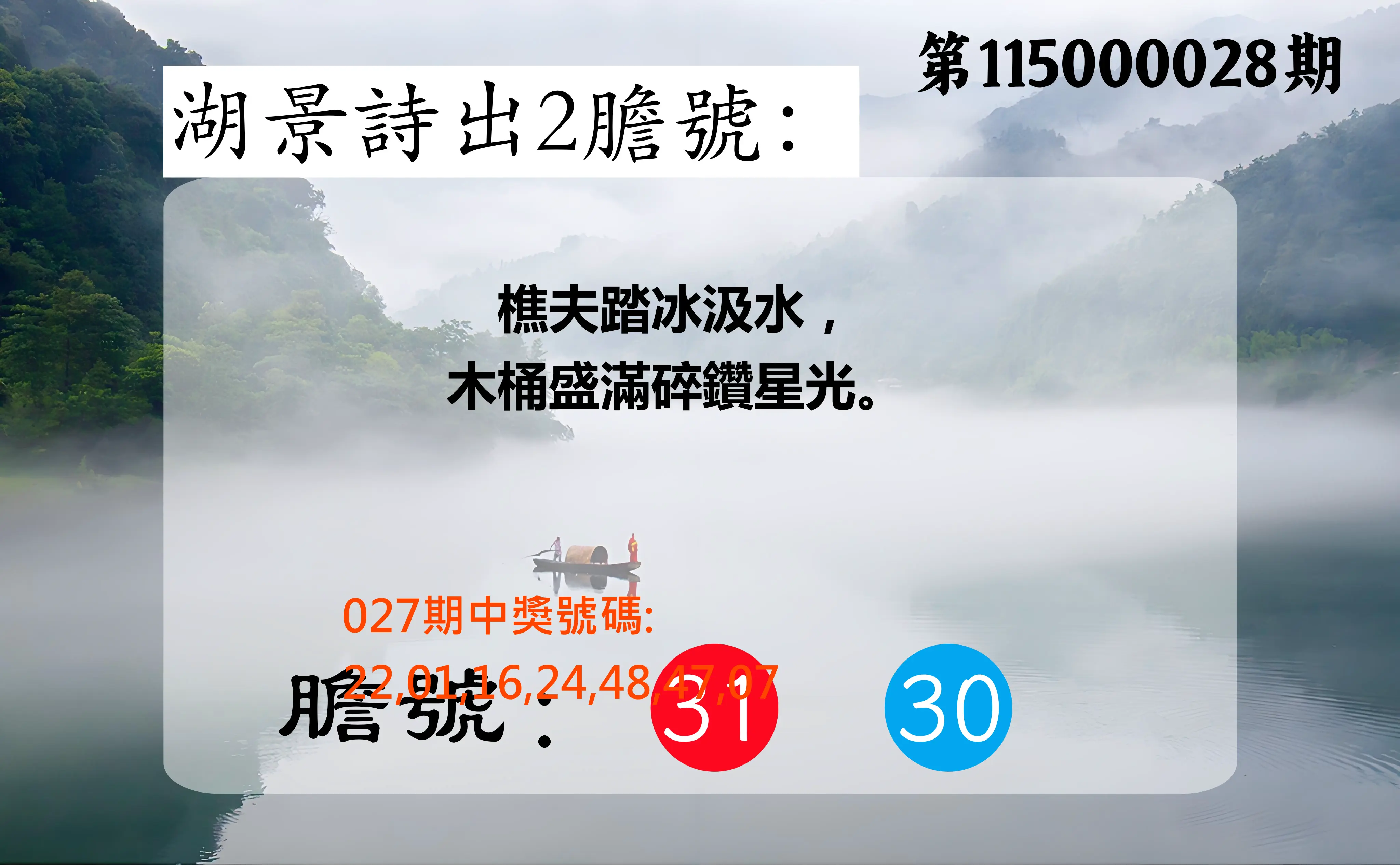 大樂透第115000028期(02/27)湖景詩出2膽號