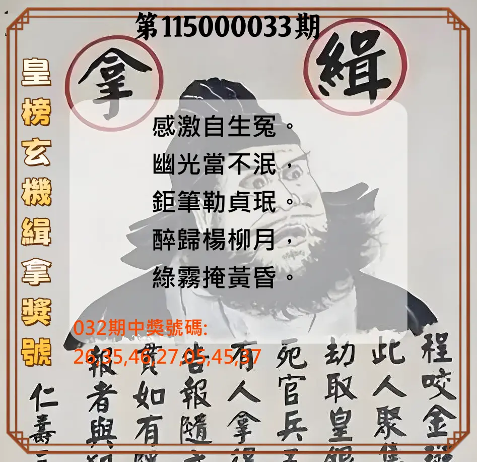 大樂透第115000033期(03/06)皇榜玄機緝拿獎號