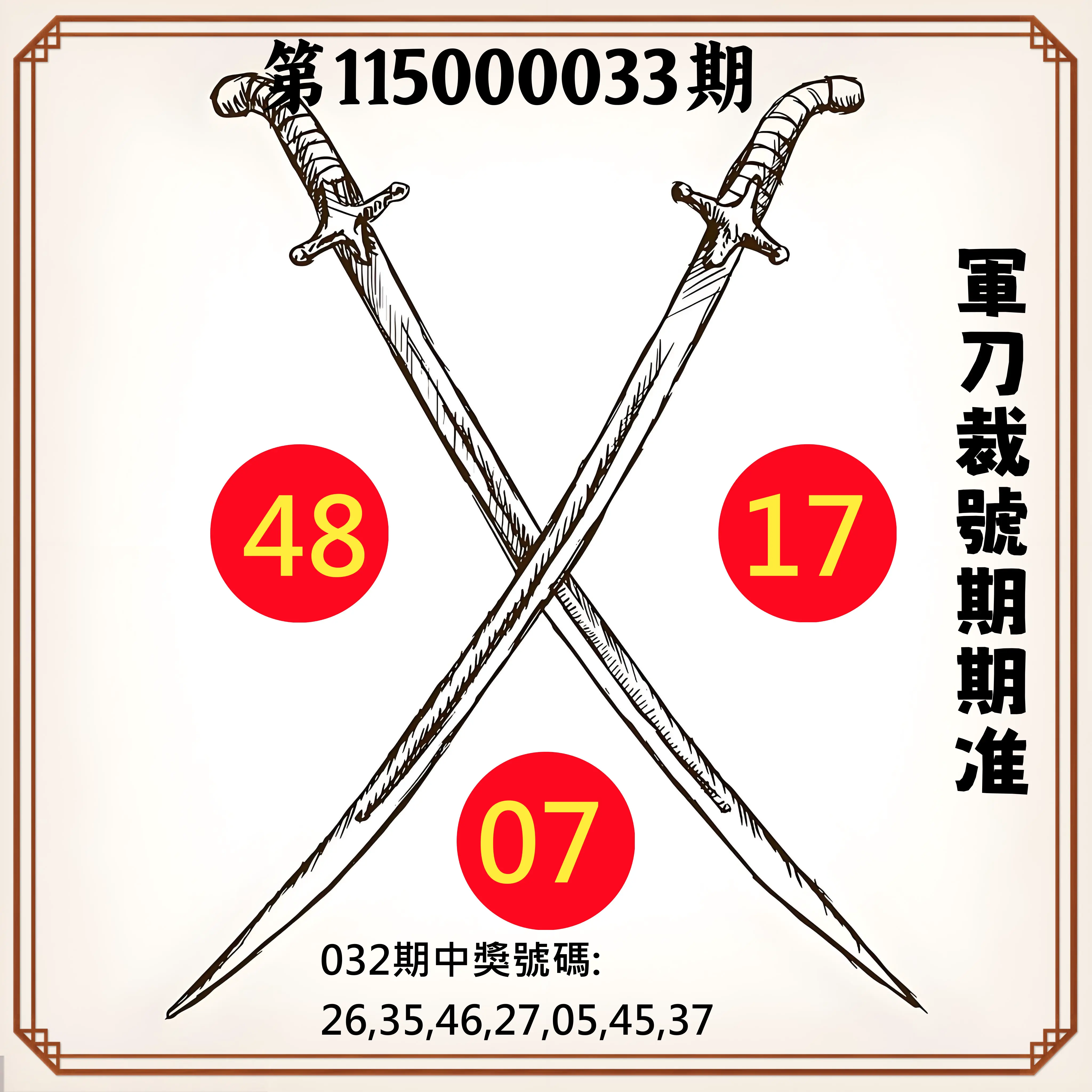 大樂透第115000033期(03/06)軍刀裁號期期准