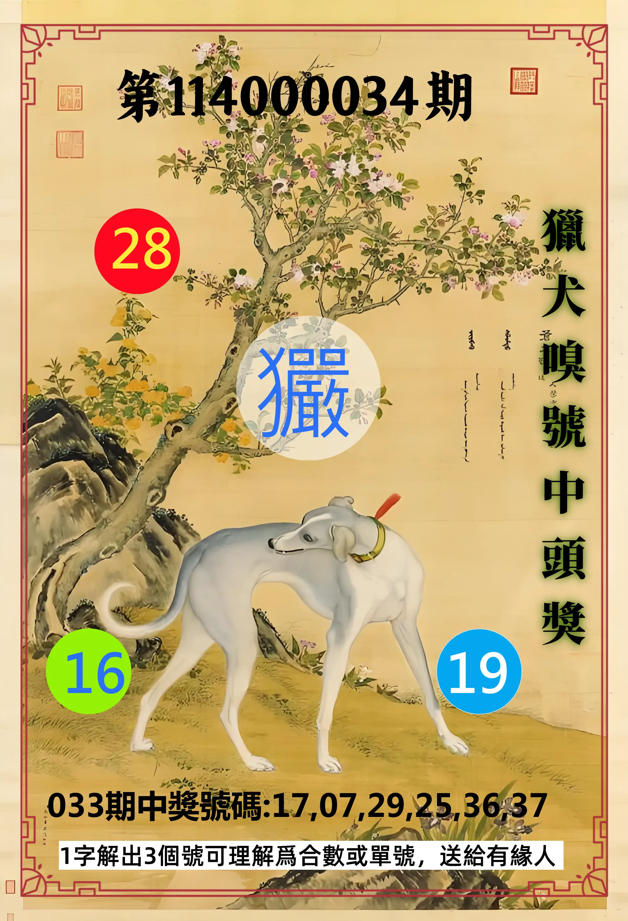 威力彩第114000034期獵犬嗅號中頭獎