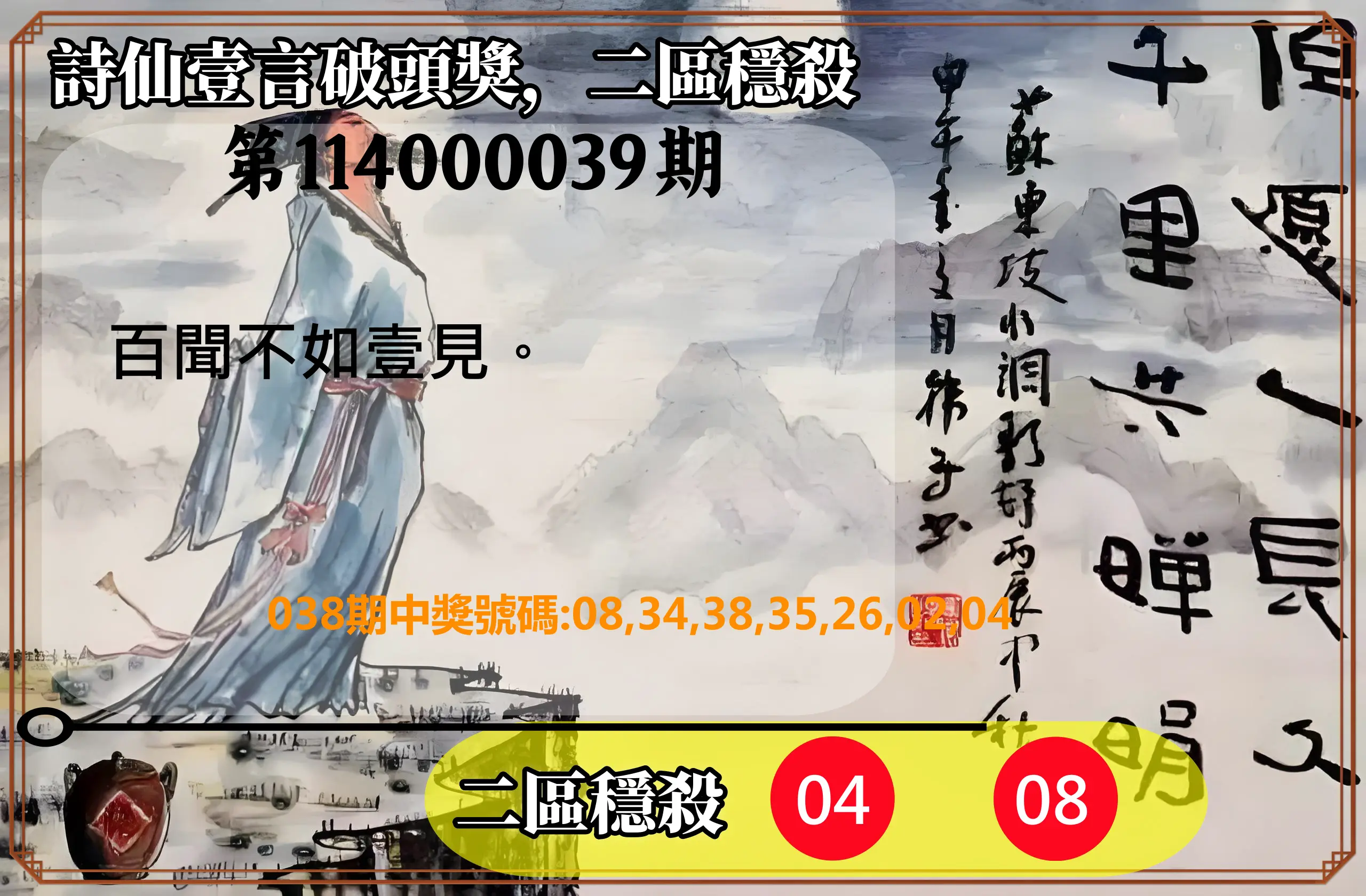 威力彩第114000039期詩仙壹言破頭獎，二區穩殺