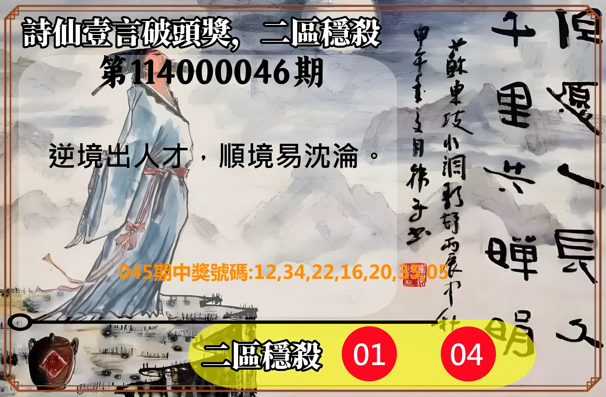 威力彩第114000046期詩仙壹言破頭獎，二區穩殺