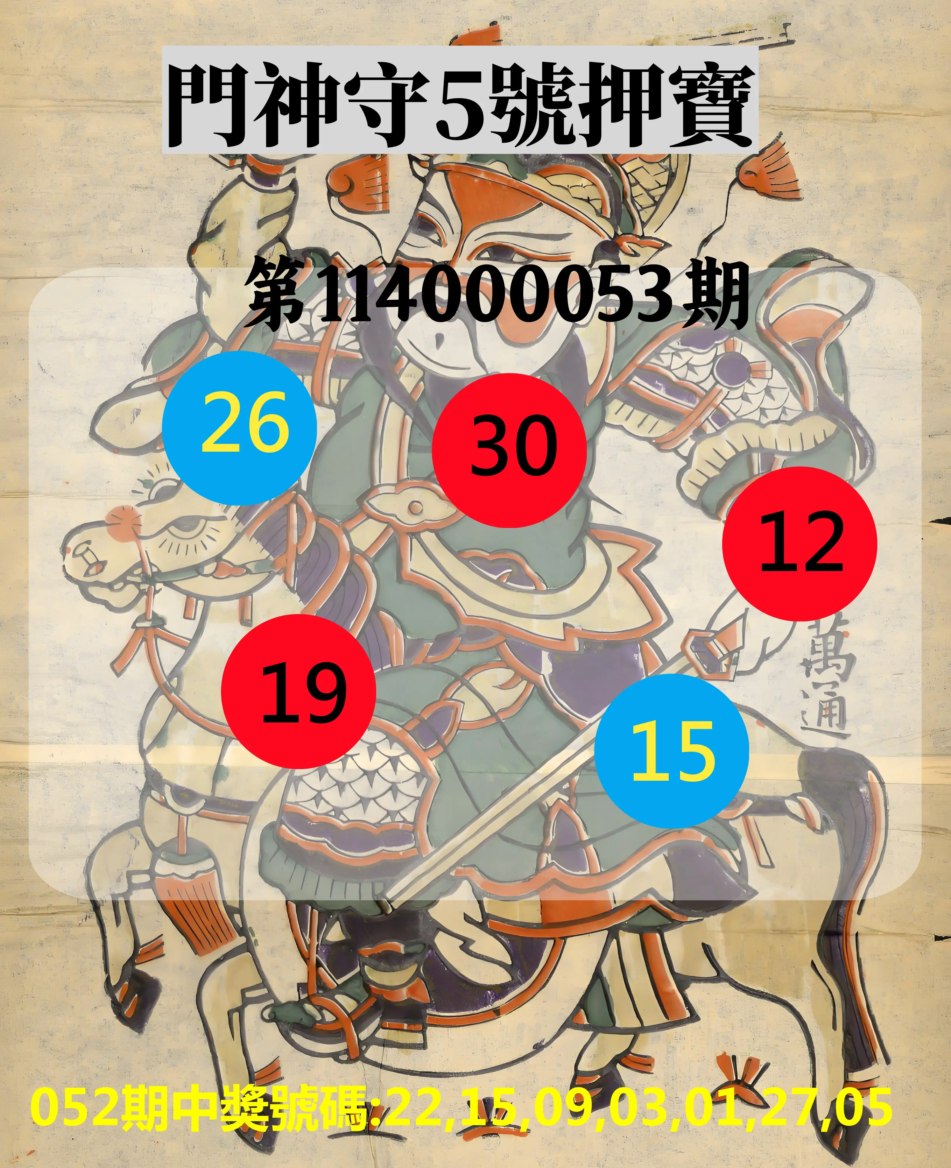 威力彩第114000053期門神守5號押寶