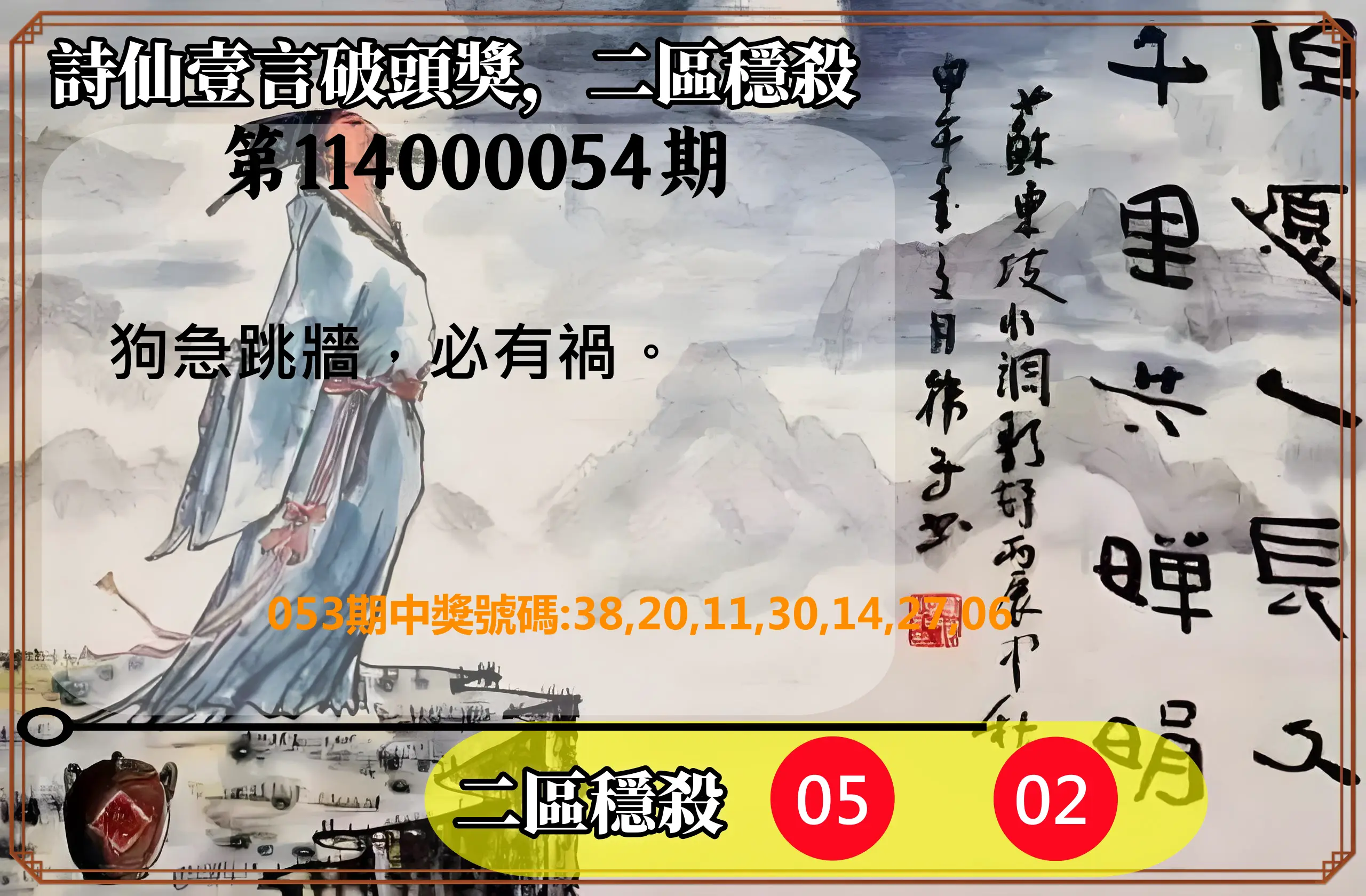 威力彩第114000054期(07/10)詩仙壹言破頭獎，二區穩殺