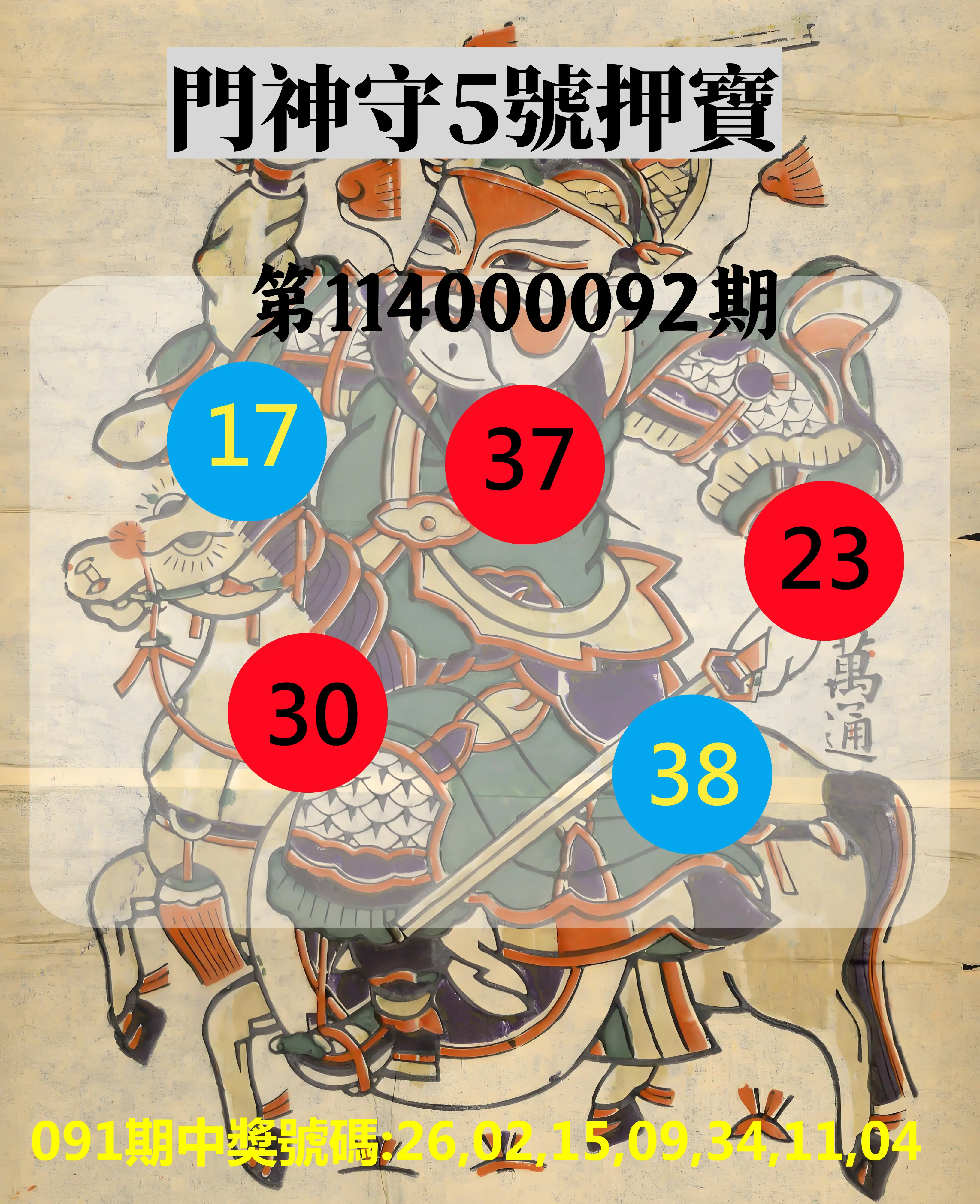 威力彩第114000092期(11/17)門神守5號押寶