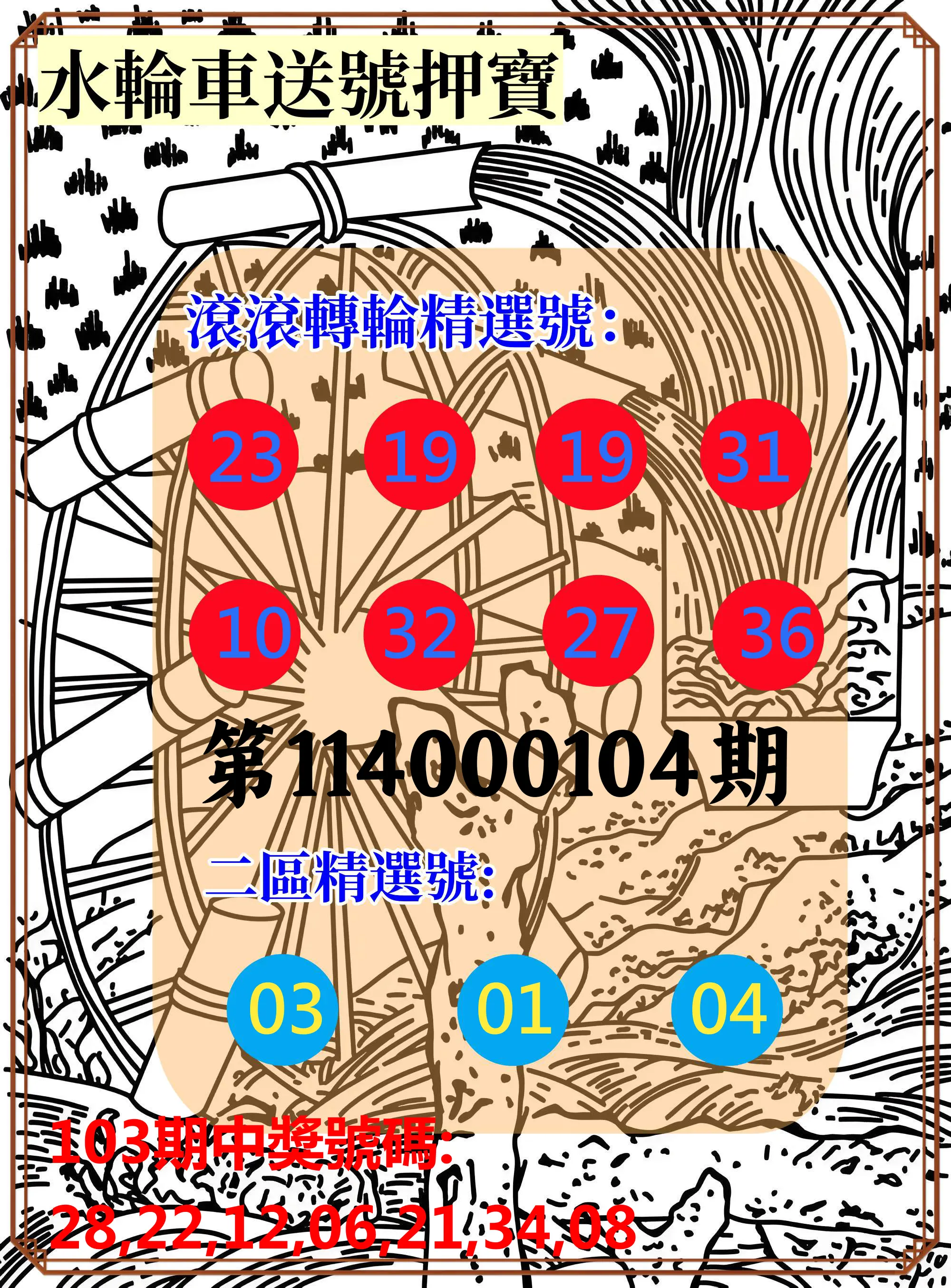 威力彩第114000104期(12/29)水輪車送號押寶