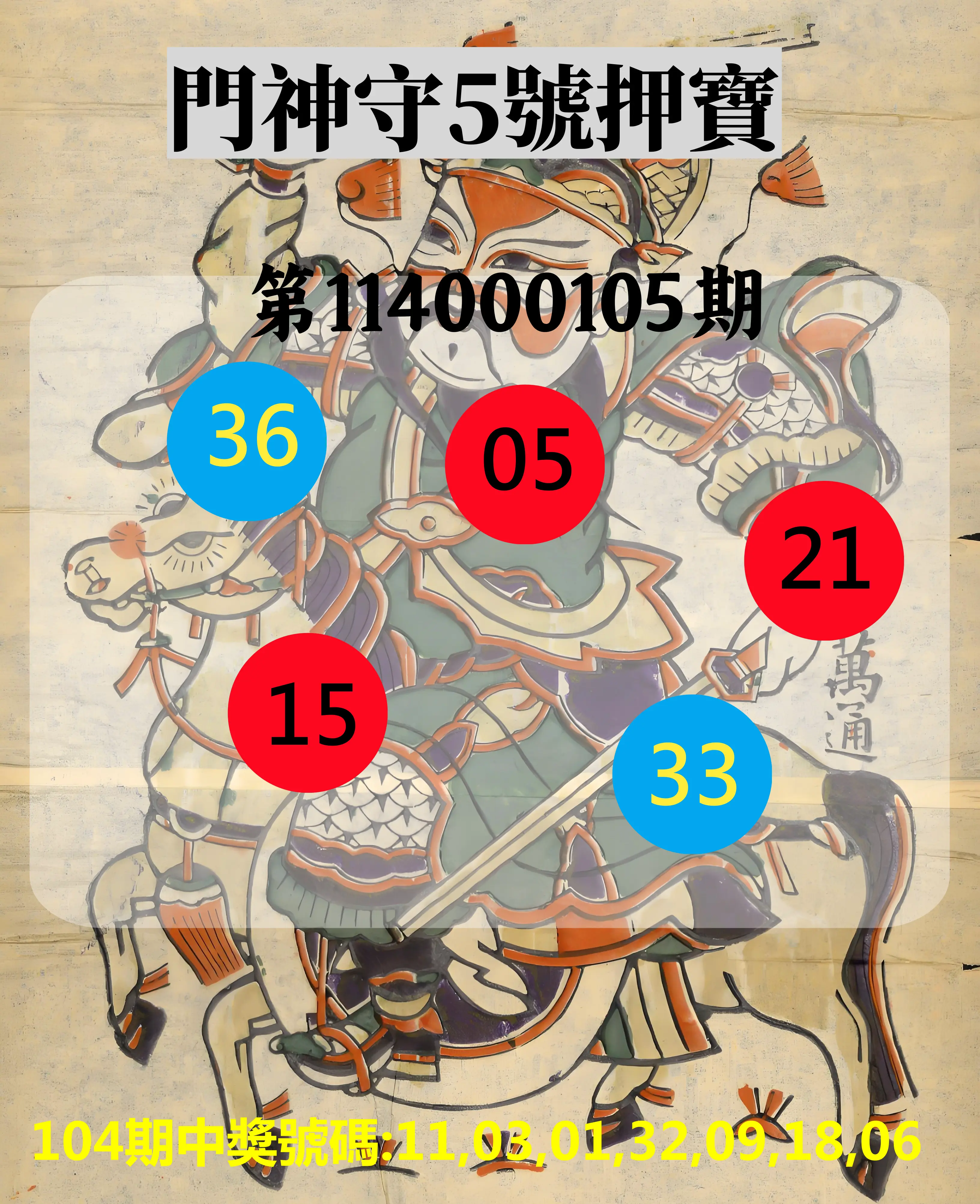 威力彩第114000105期(01/01)門神守5號押寶