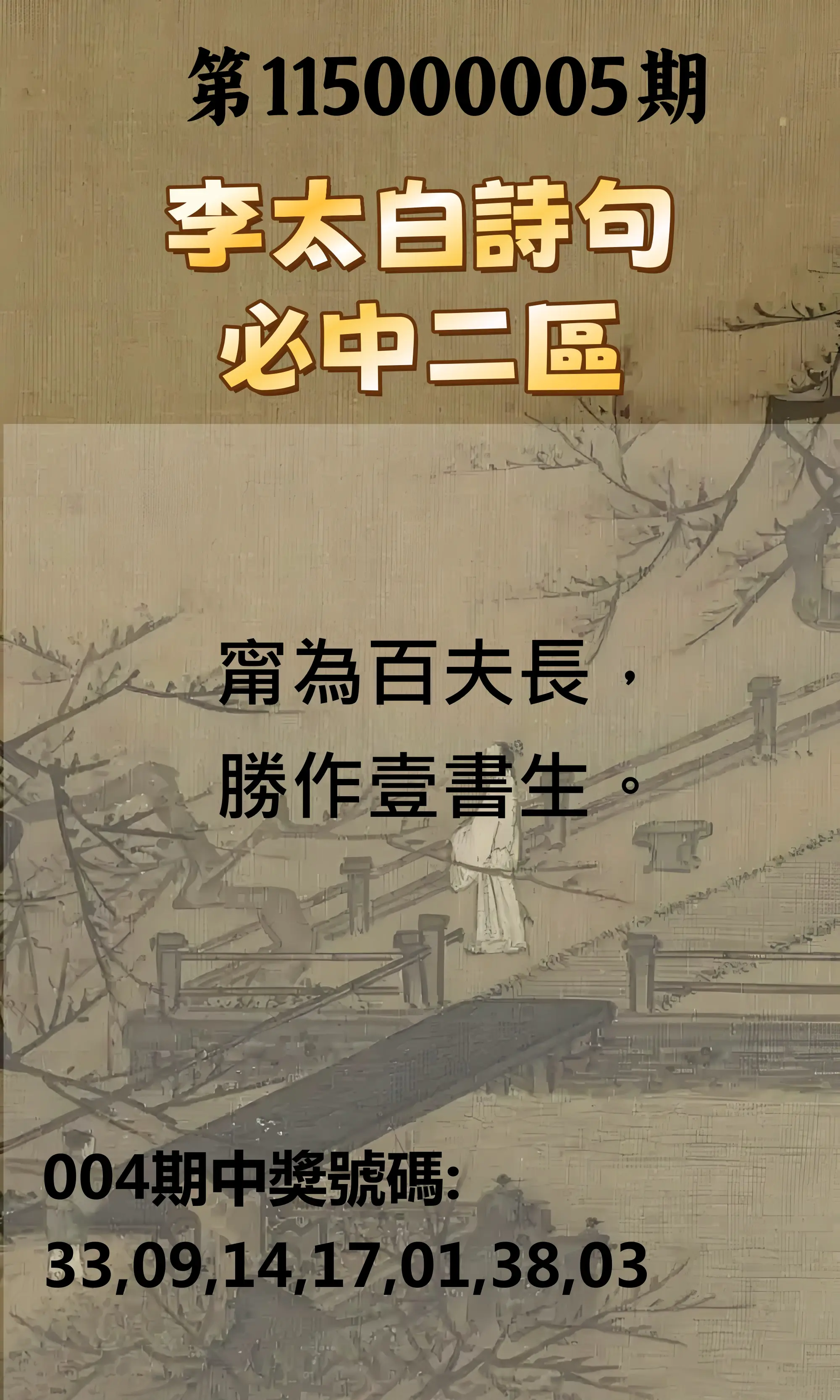 威力彩第115000005期(01/15)李太白詩句二區