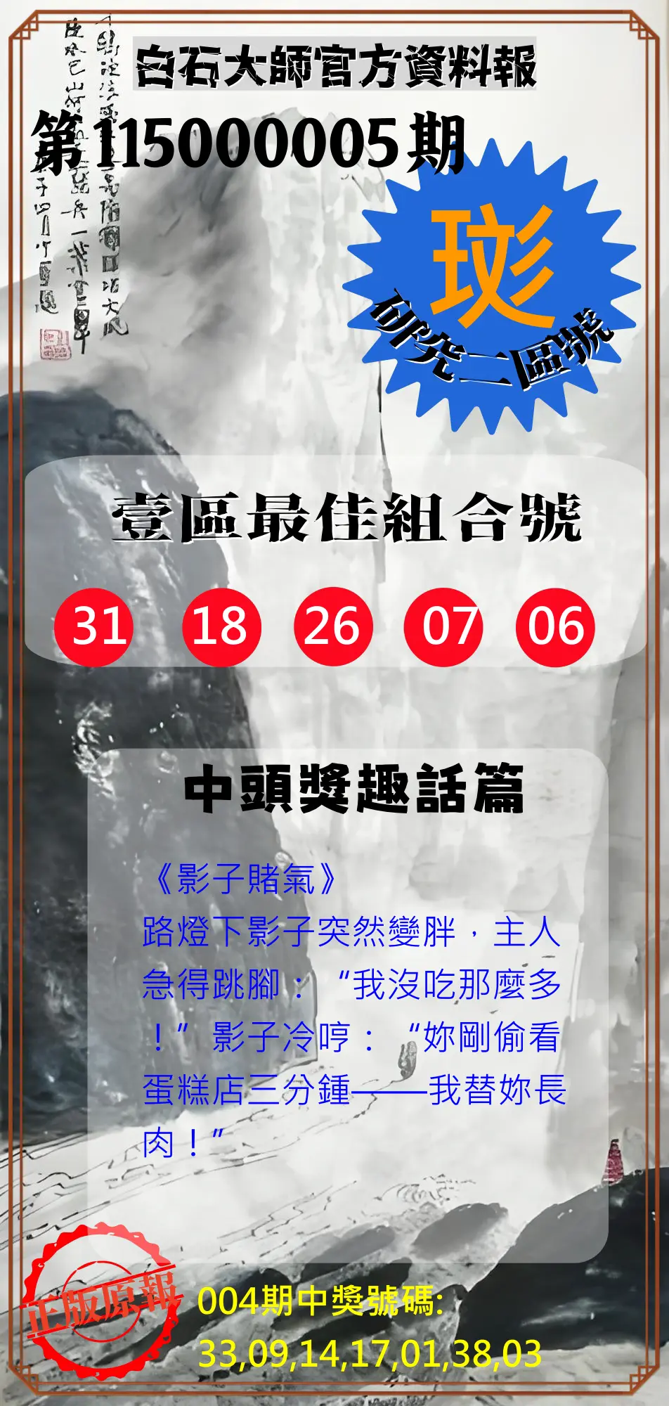威力彩第115000005期(01/15)白石大師官方資料報