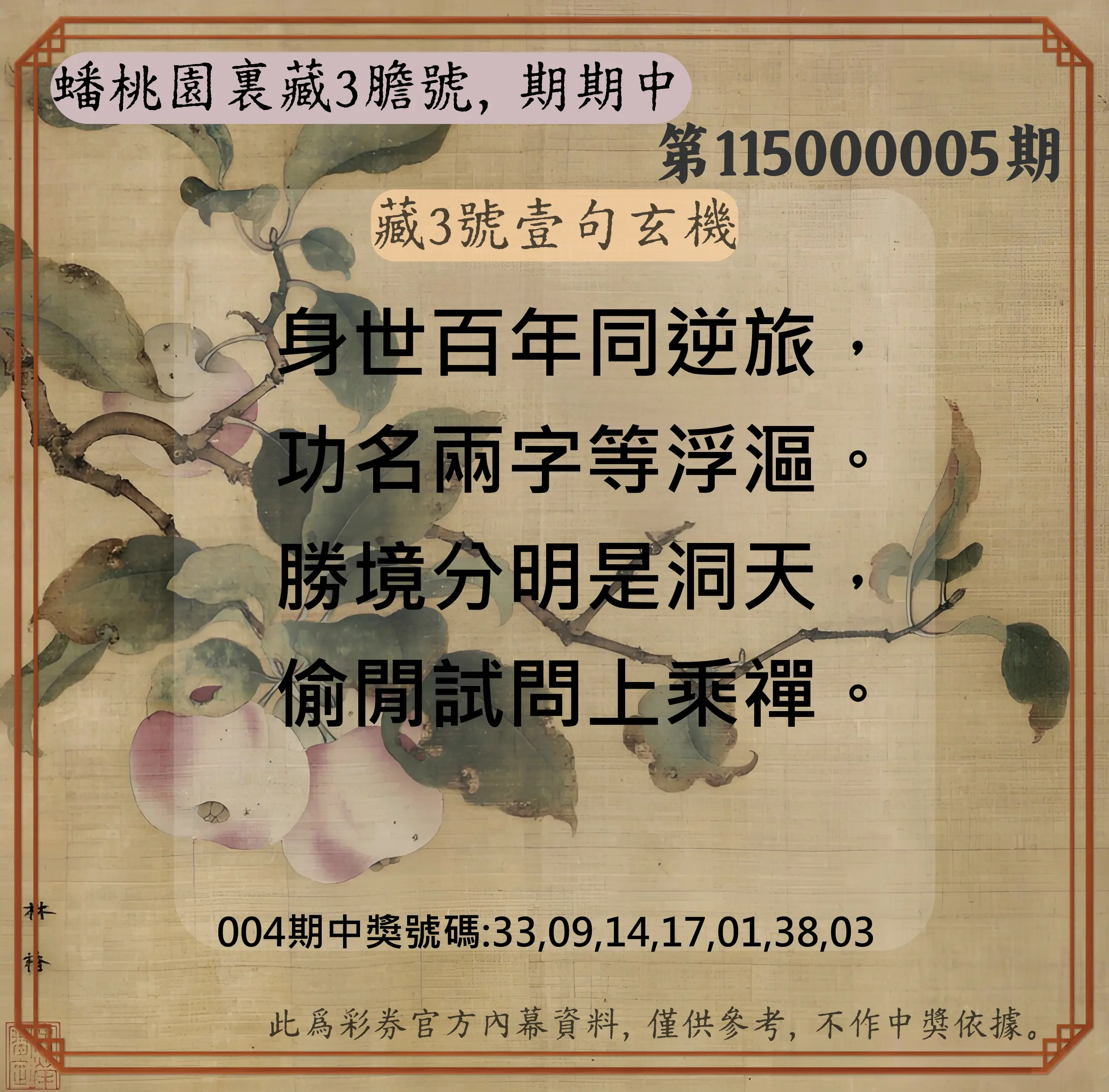 威力彩第115000005期(01/15)蟠桃園裏藏3膽號，期期中