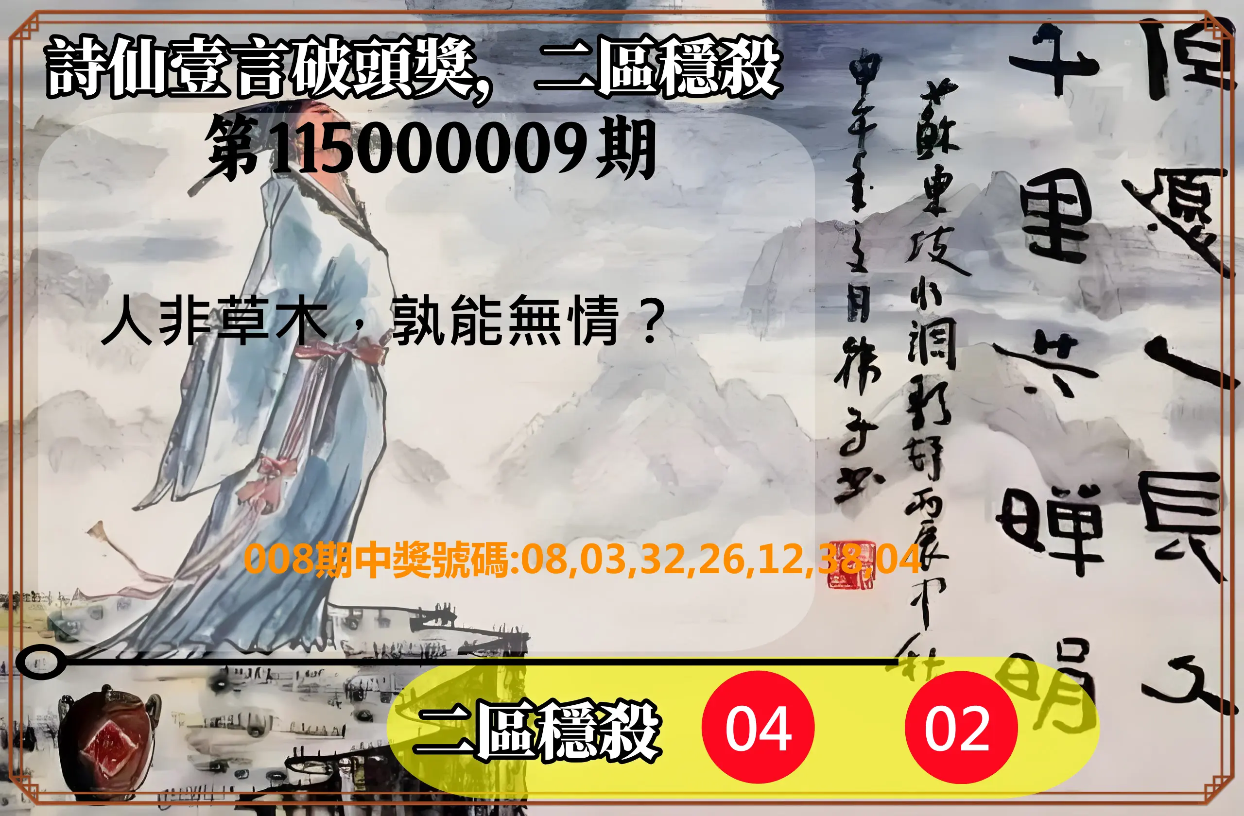 威力彩第115000009期(01/29)詩仙壹言破頭獎，二區穩殺