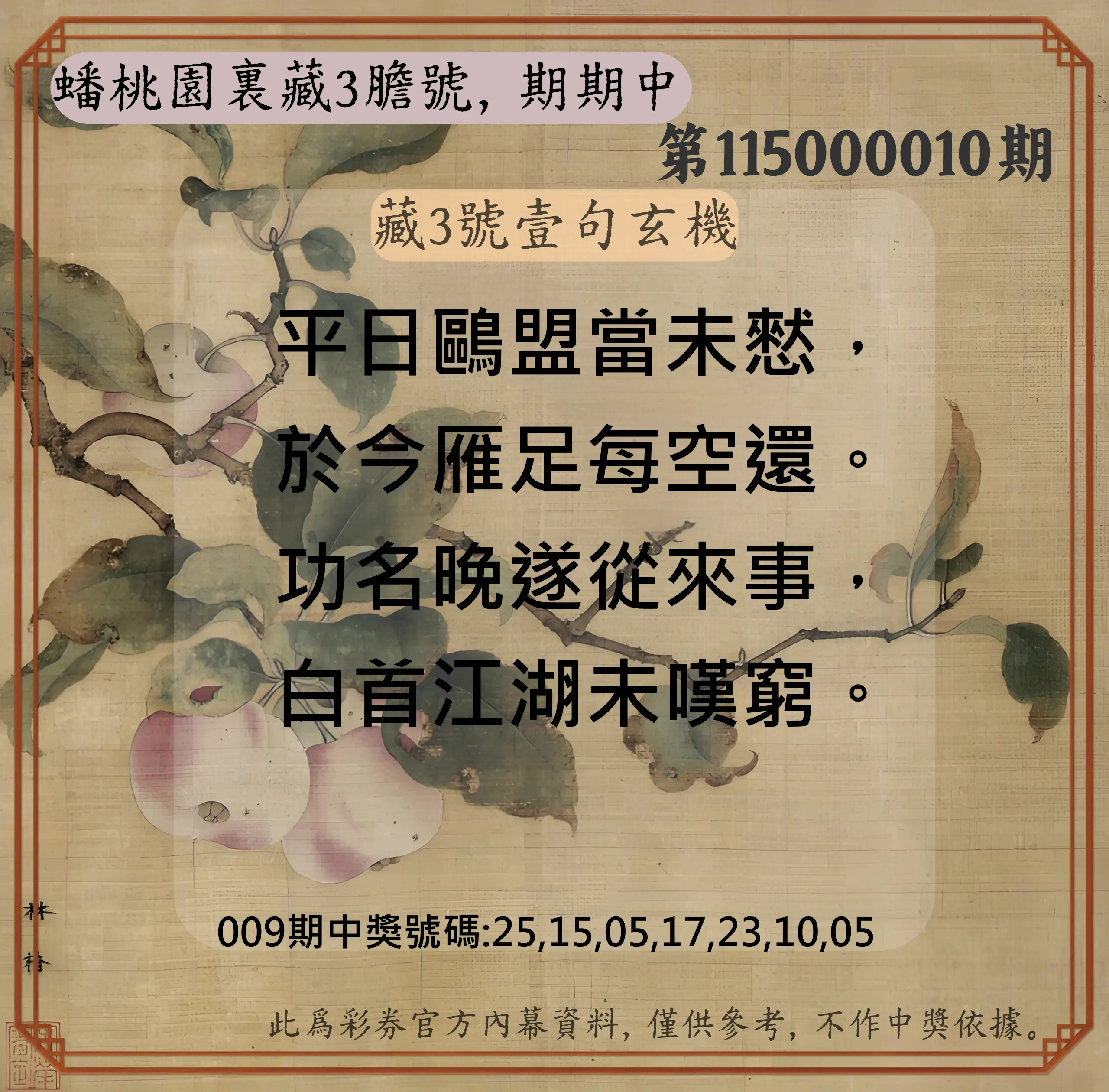 威力彩第115000010期(02/02)蟠桃園裏藏3膽號，期期中