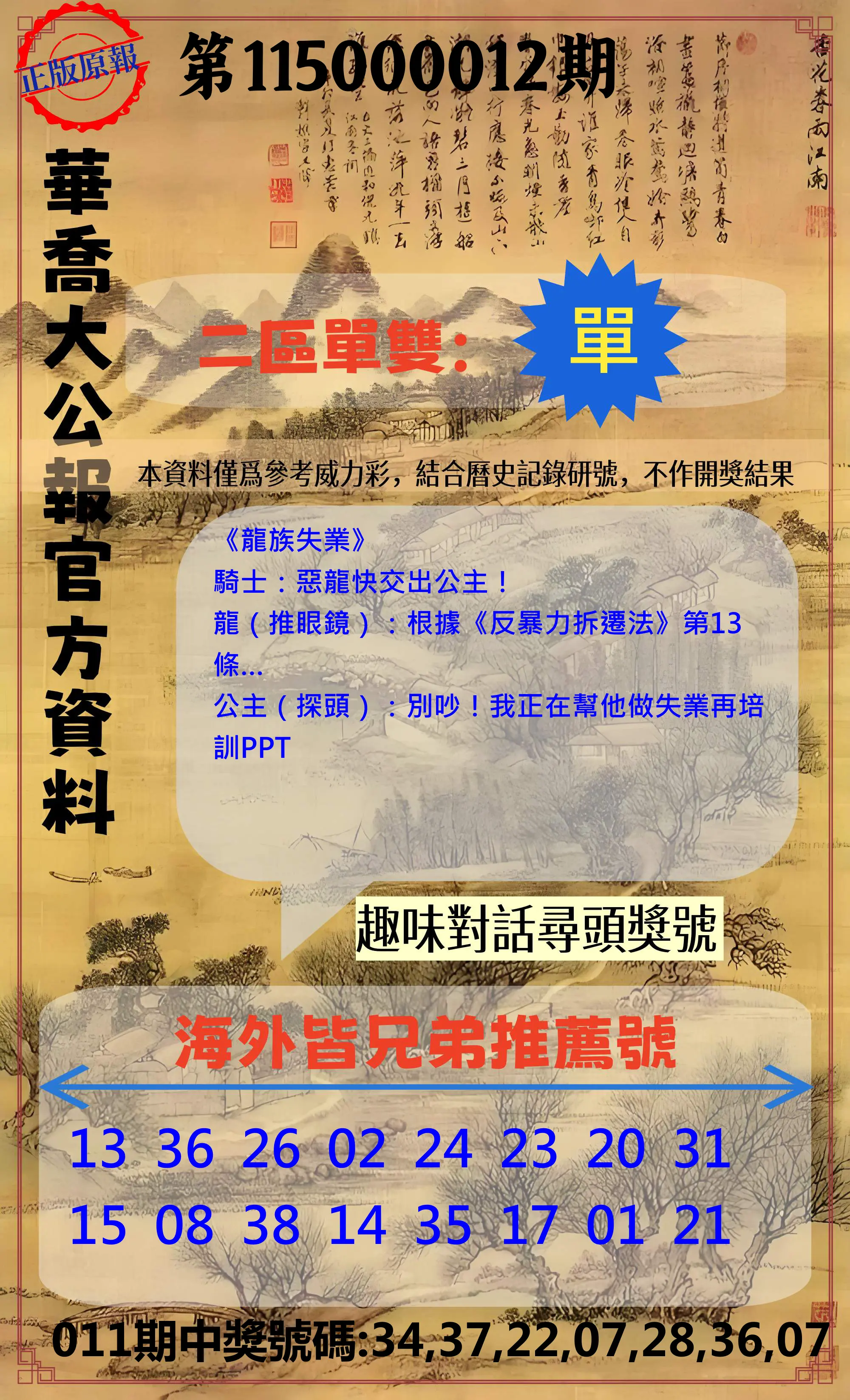 威力彩第115000012期(02/09)華喬大公報官方資料