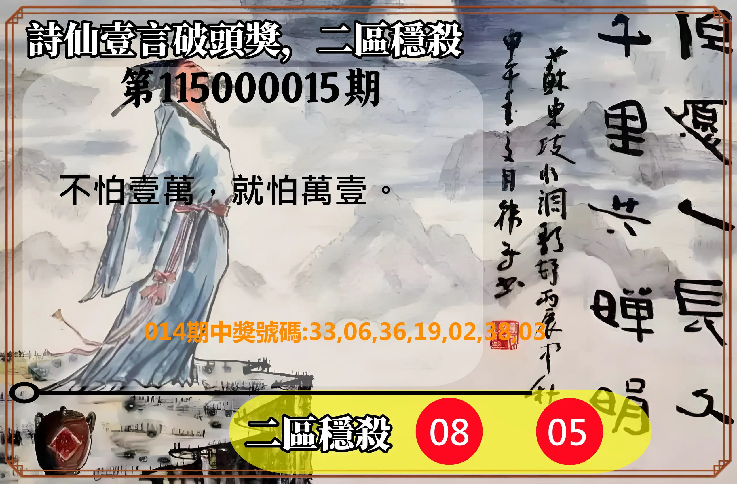 威力彩第115000015期(02/19)詩仙壹言破頭獎，二區穩殺