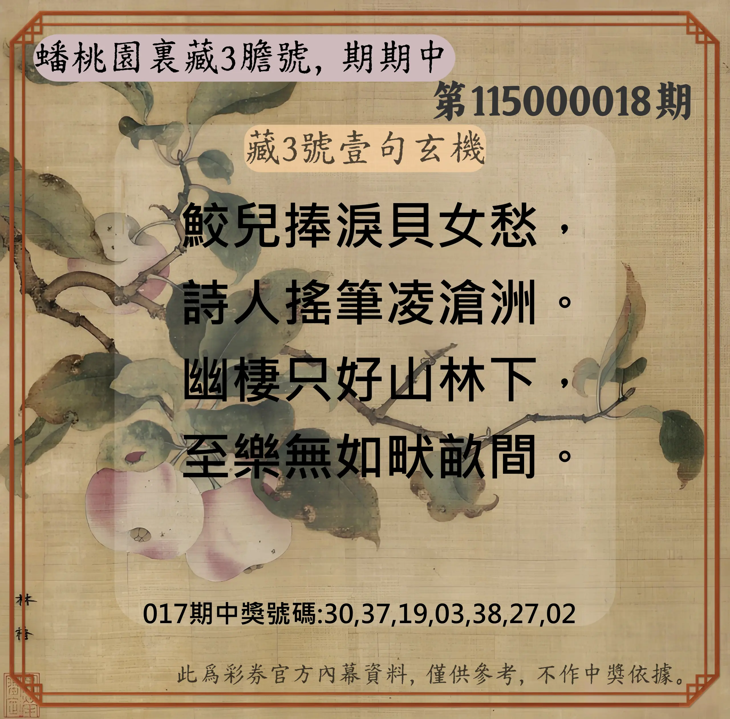 威力彩第115000018期(03/02)蟠桃園裏藏3膽號，期期中
