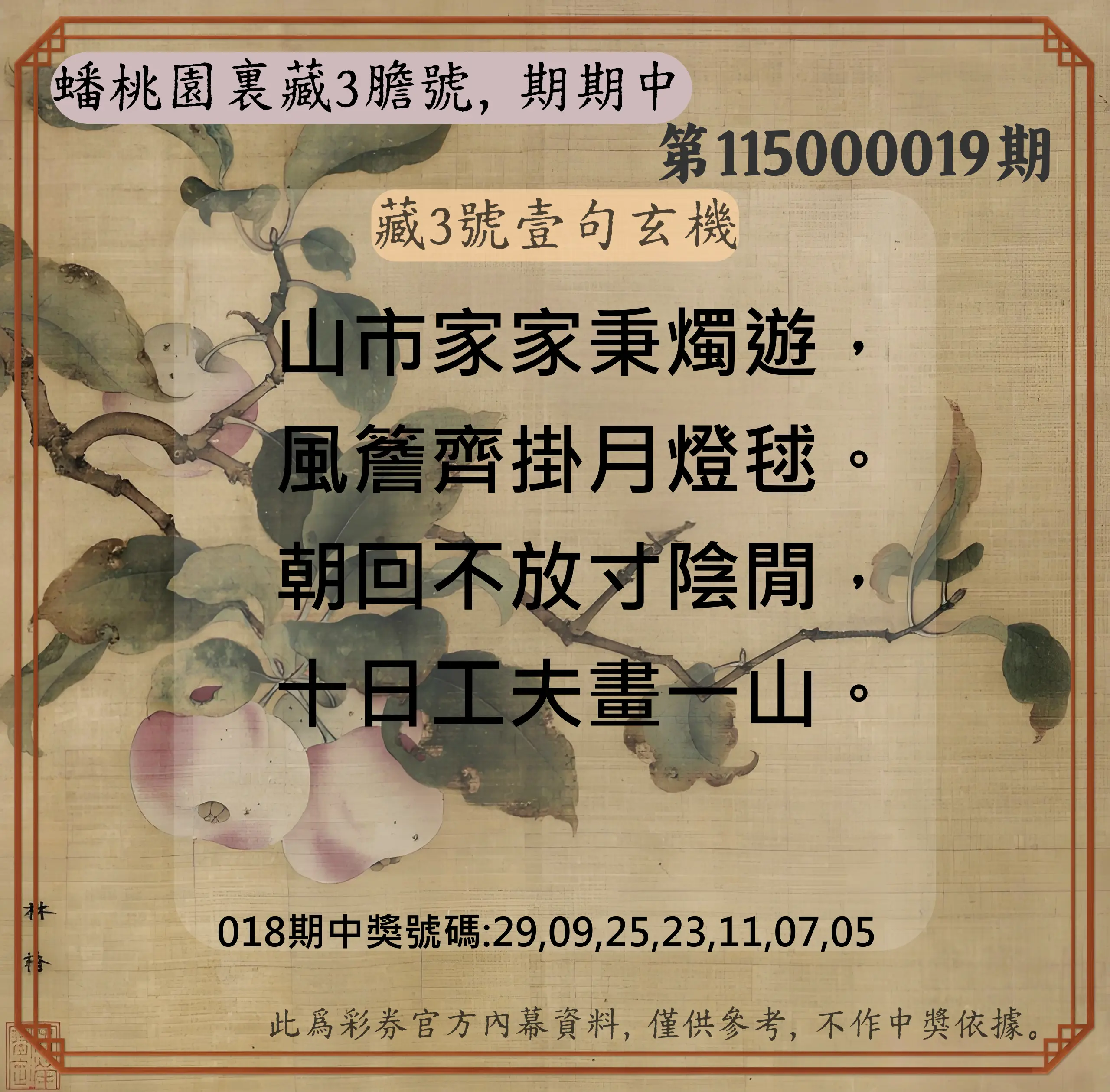 威力彩第115000019期(03/05)蟠桃園裏藏3膽號，期期中