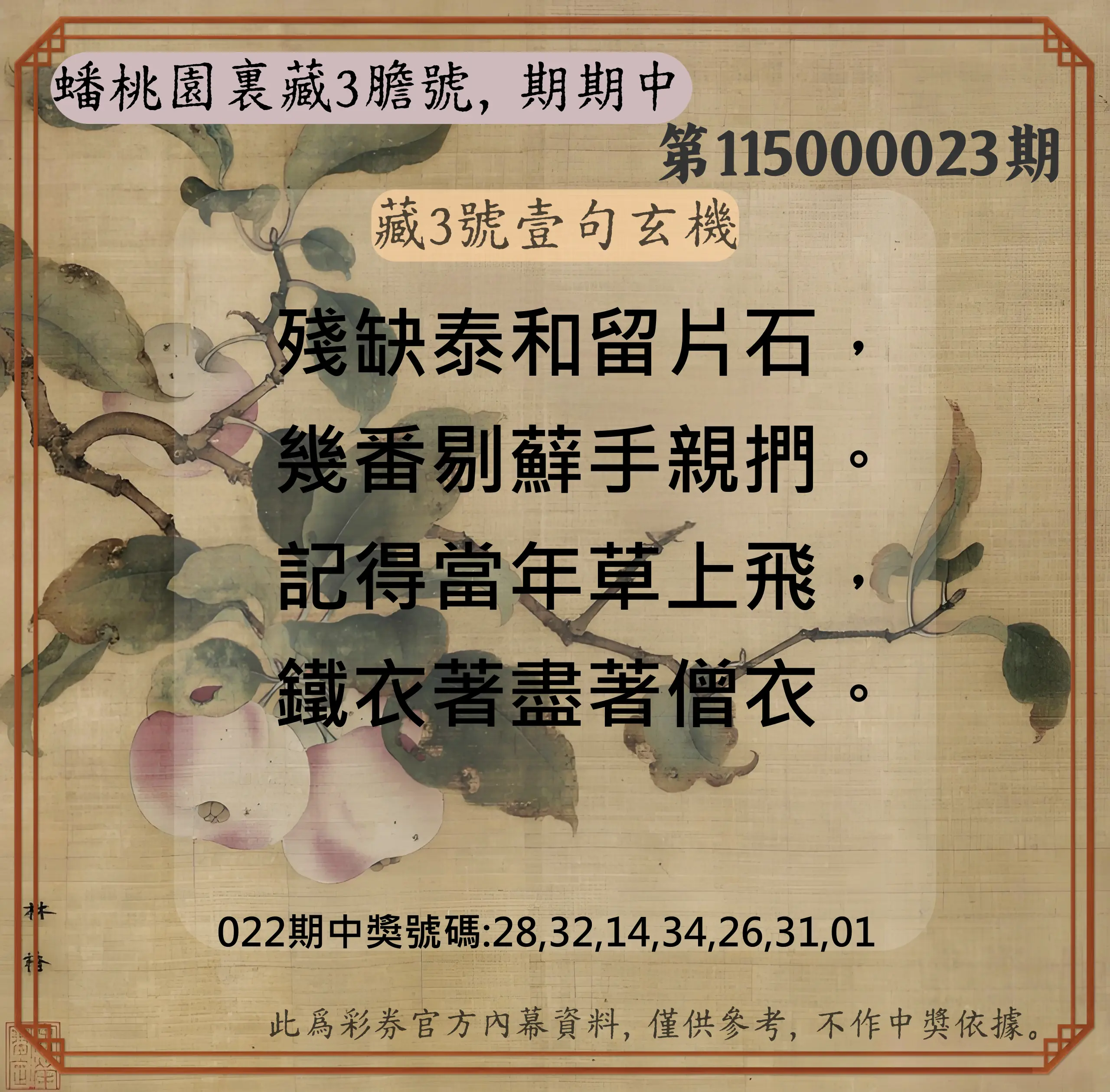 威力彩第115000023期(03/19)蟠桃園裏藏3膽號，期期中