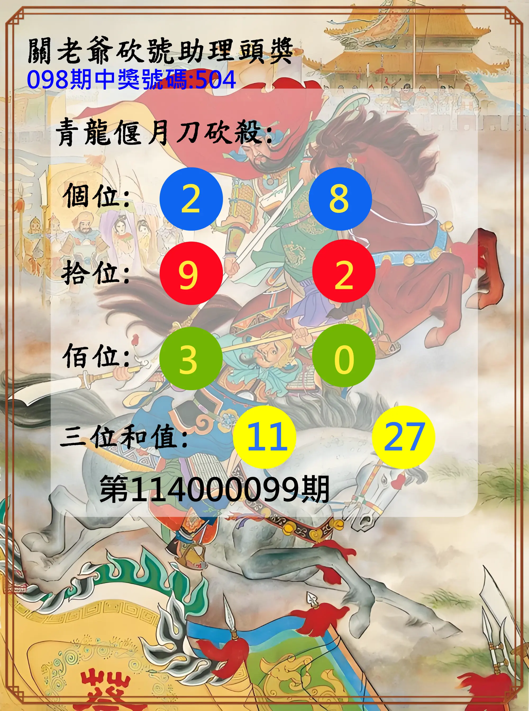 3星彩第114000099期關老爺砍號助理頭獎