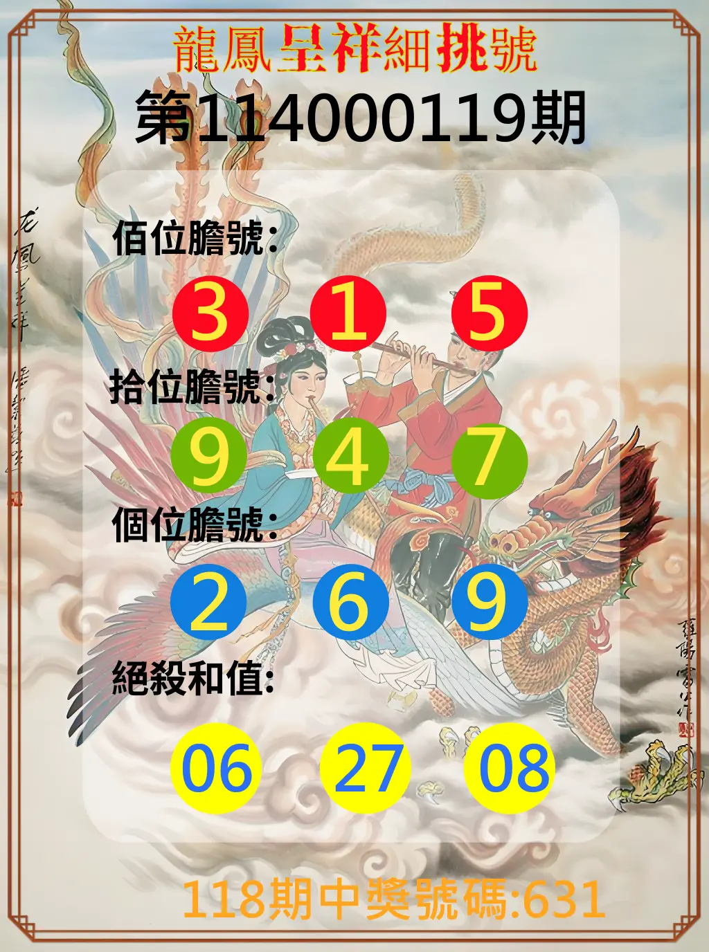 3星彩第114000119期龍鳳呈祥細挑號