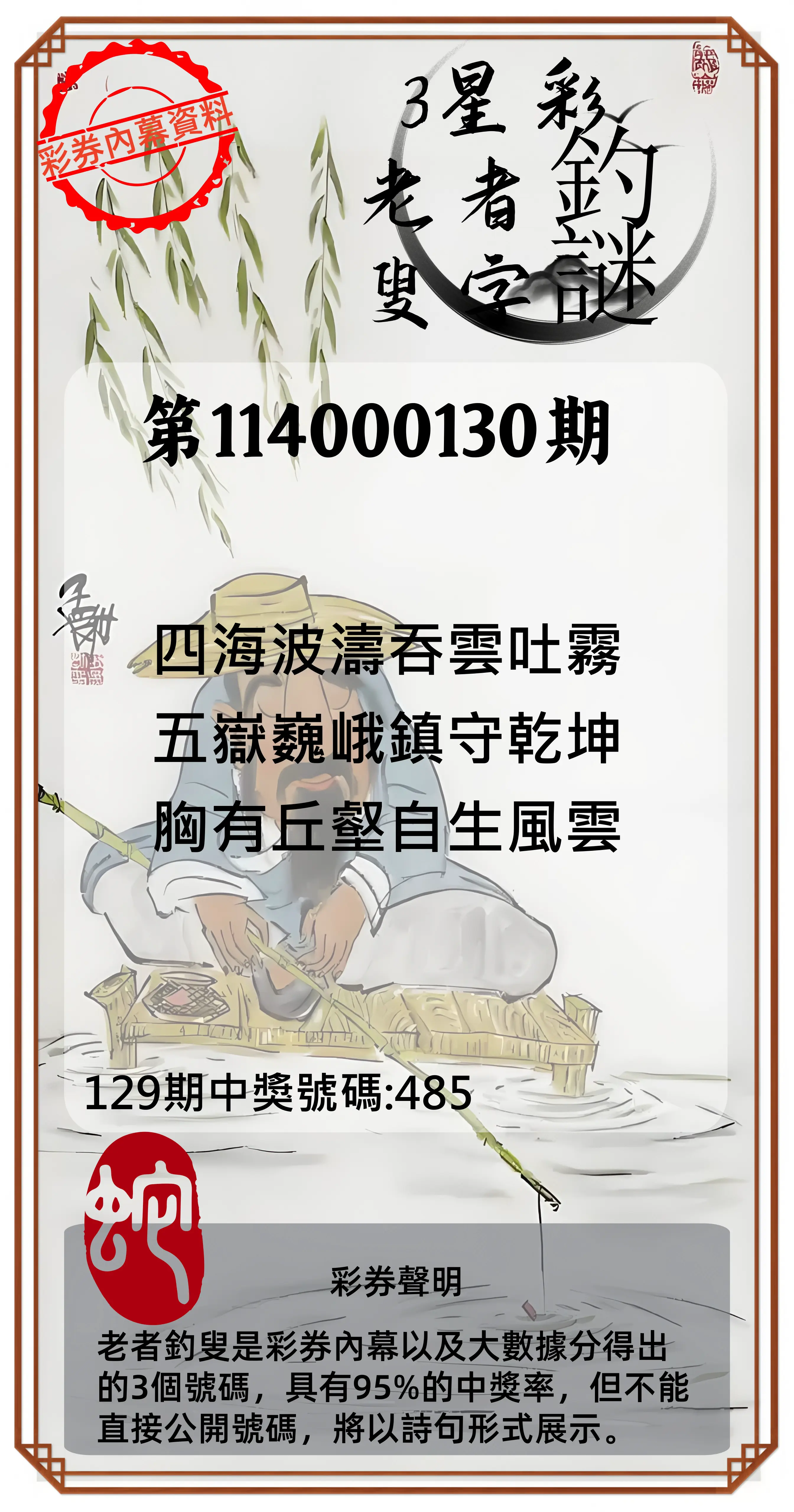 3星彩第114000130期老者釣叟頭獎