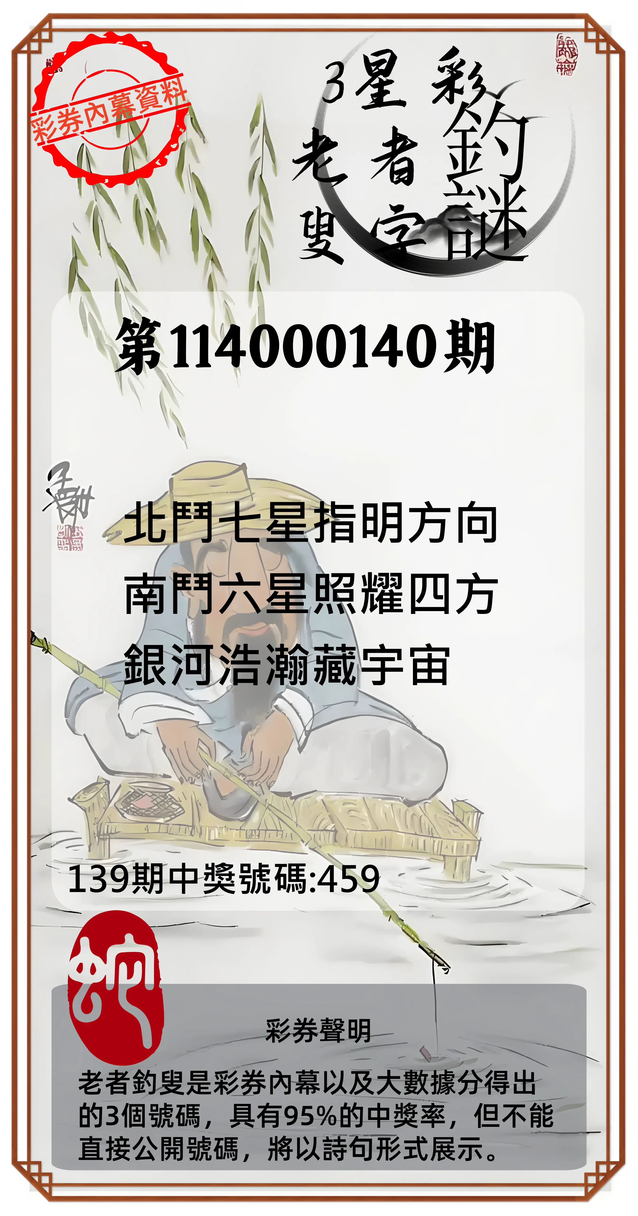 3星彩第114000140期老者釣叟頭獎