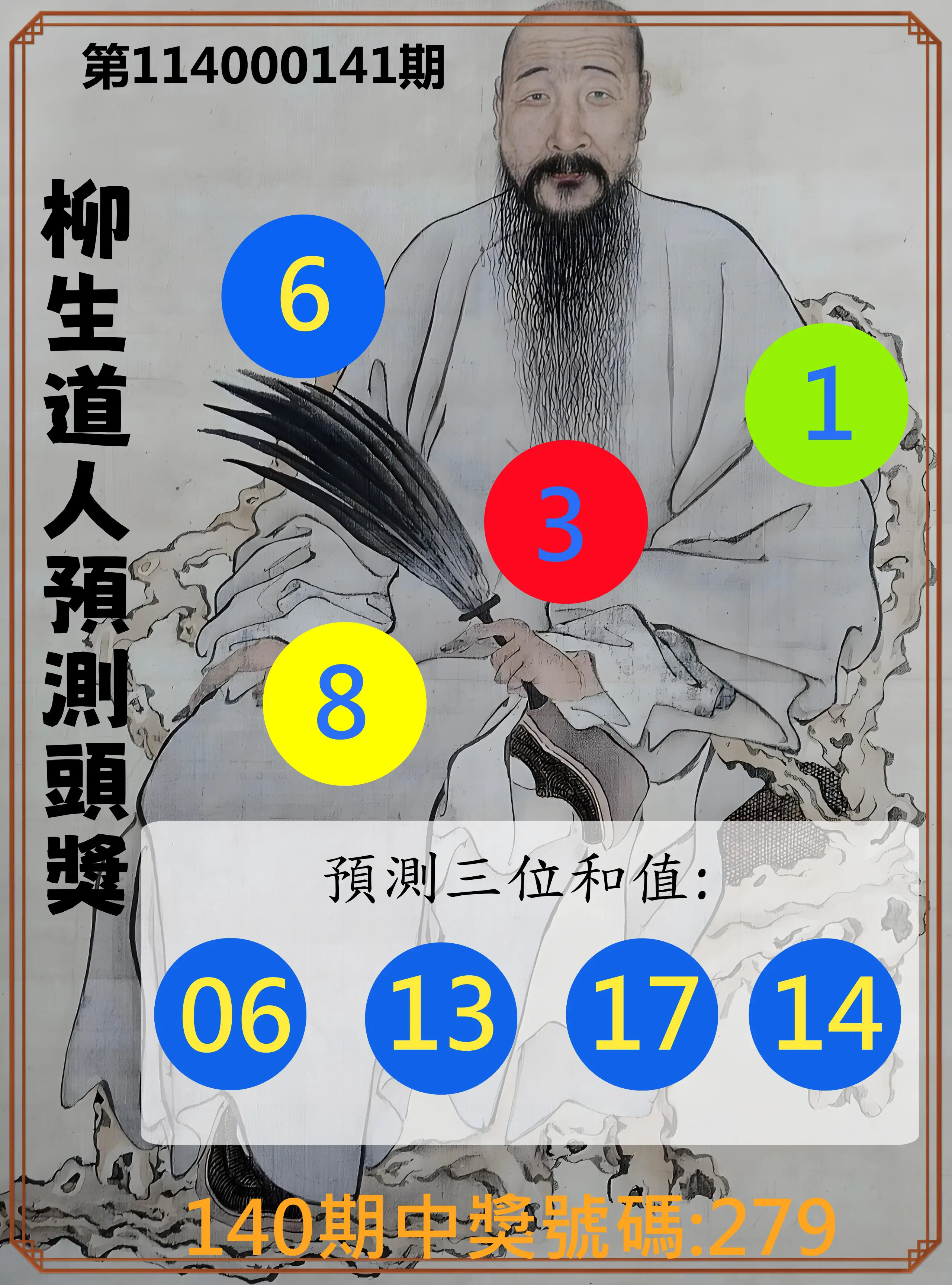 3星彩第114000141期柳生道人預測頭獎