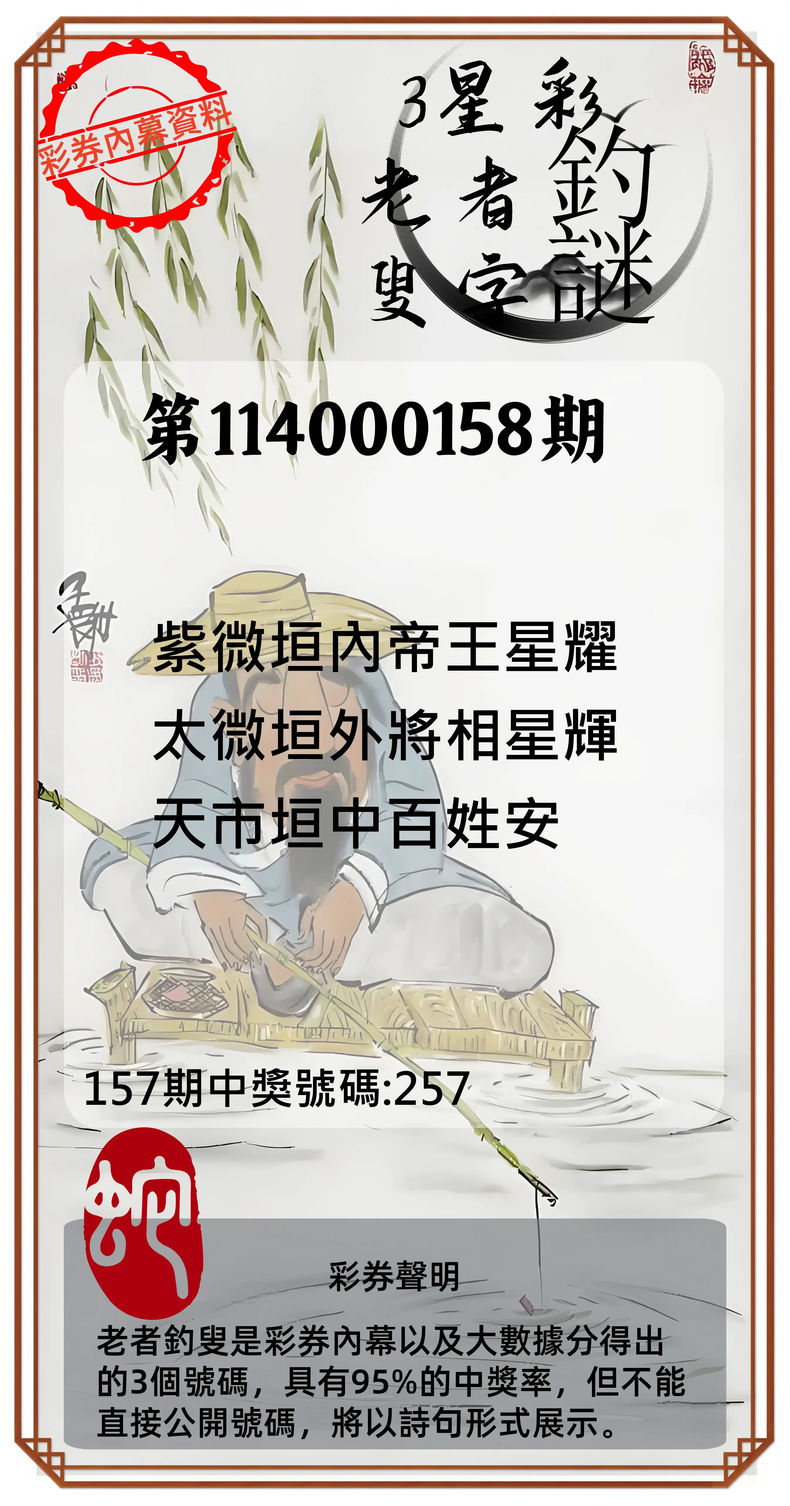 3星彩第114000158期老者釣叟頭獎