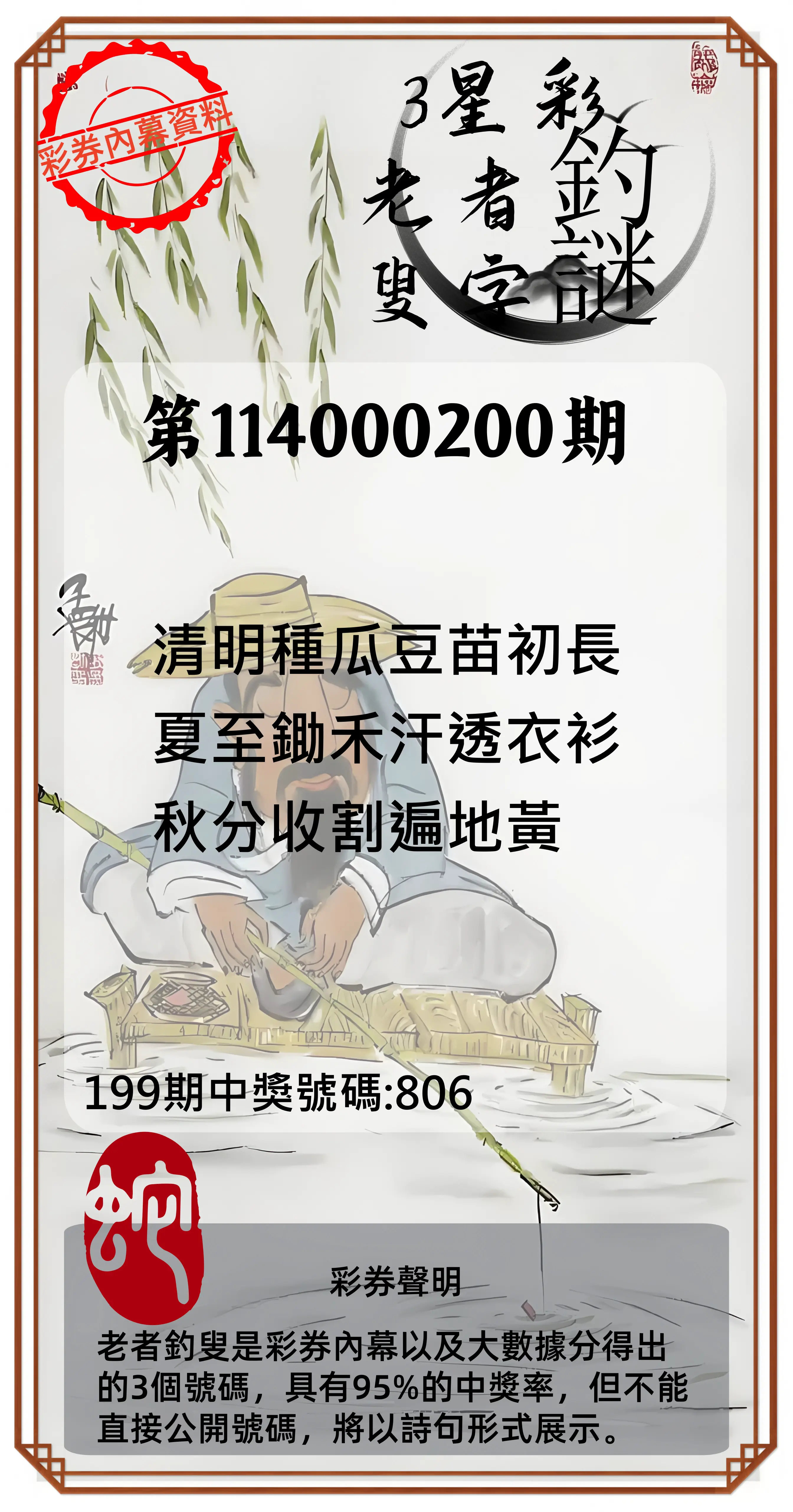 3星彩第114000200期(08/18)老者釣叟頭獎