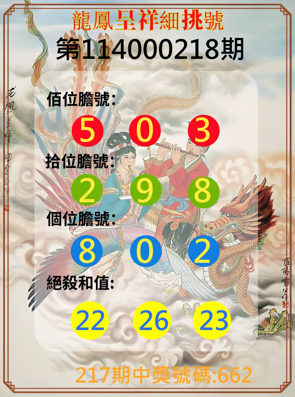 3星彩第114000218期(09/08)龍鳳呈祥細挑號