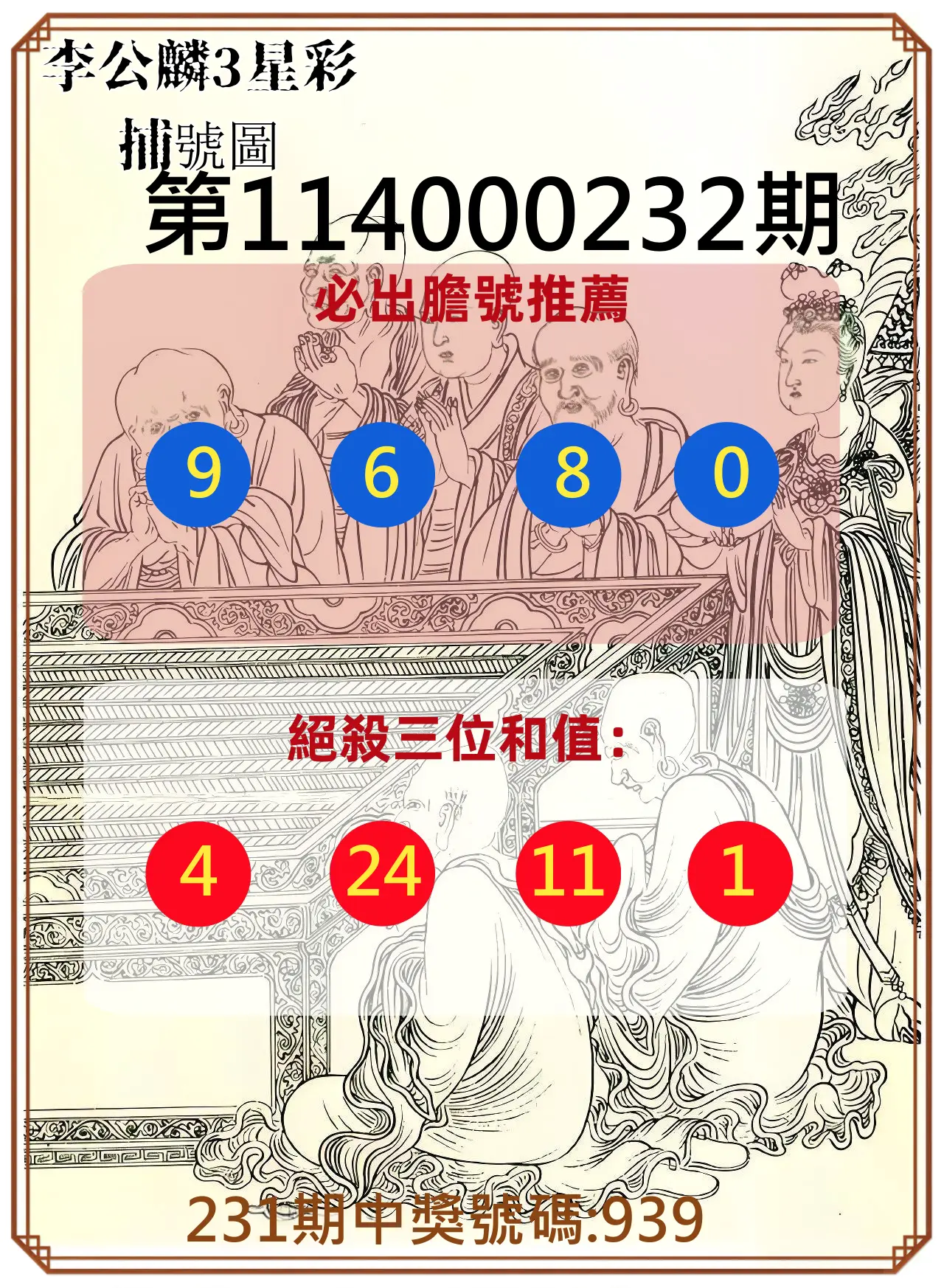 3星彩第114000232期(09/24)李公麟3星彩捕號圖