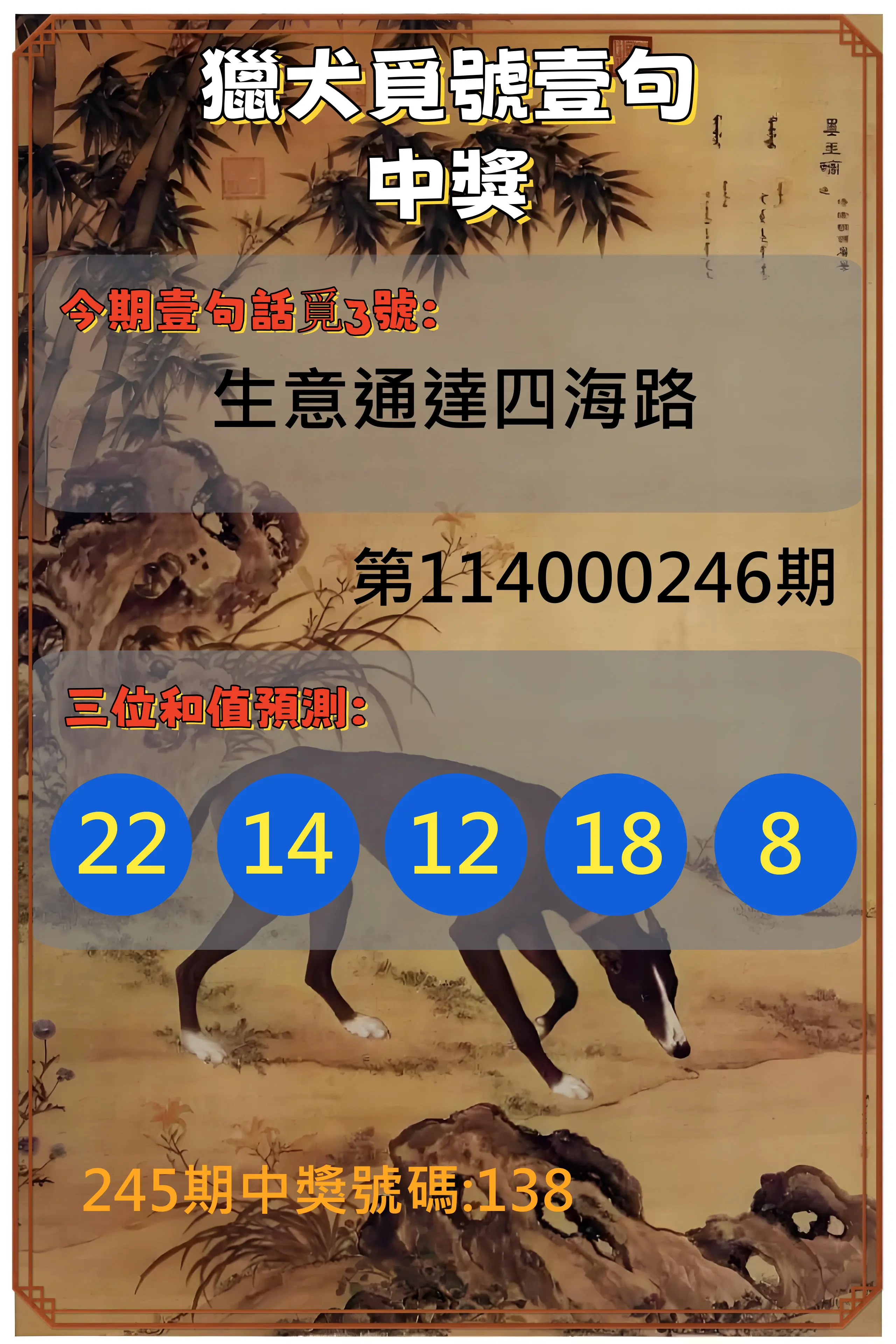 3星彩第114000246期(10/10)獵犬覓號壹句中獎