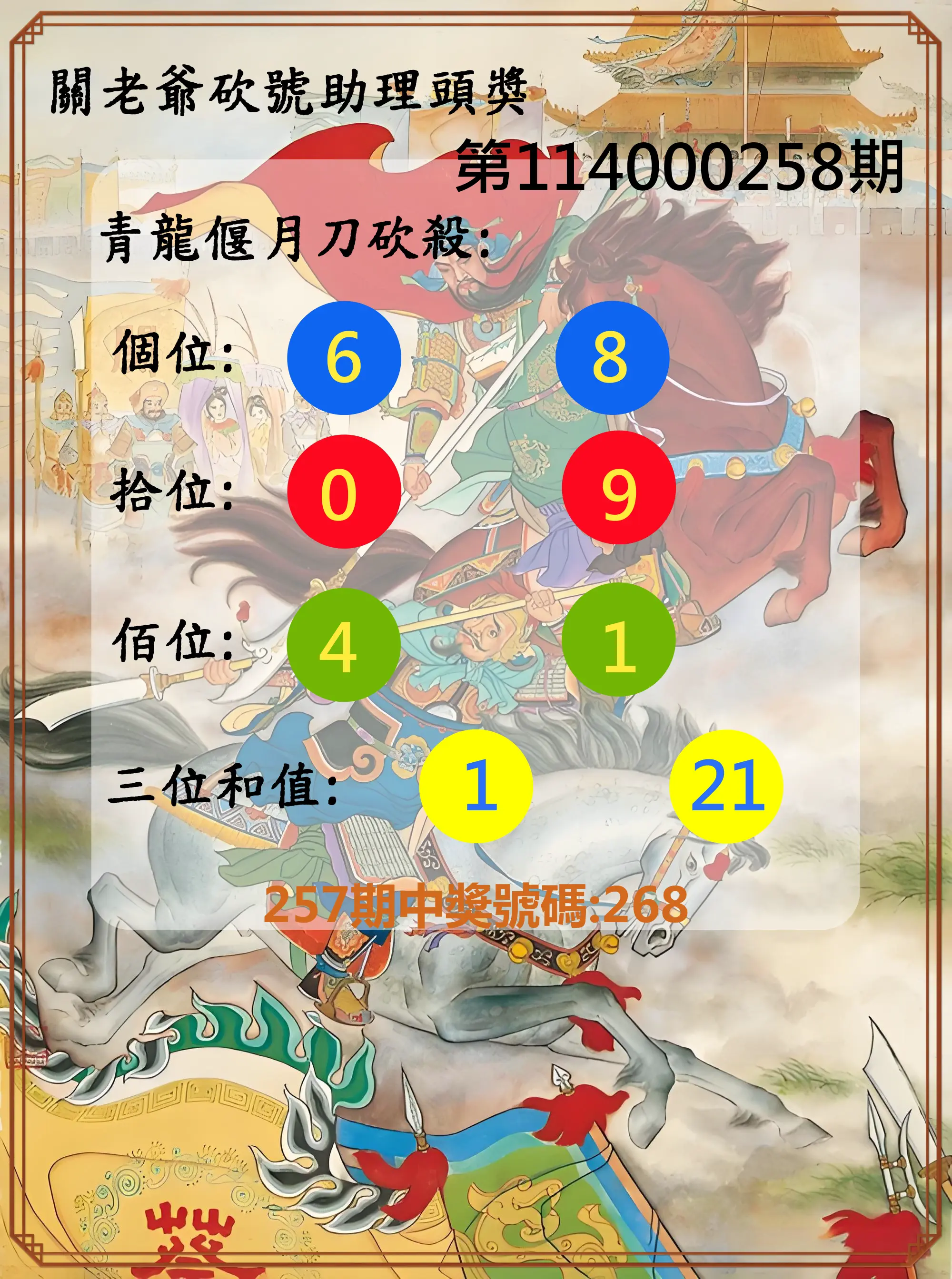 3星彩第114000258期(10/24)關老爺砍號助理頭獎