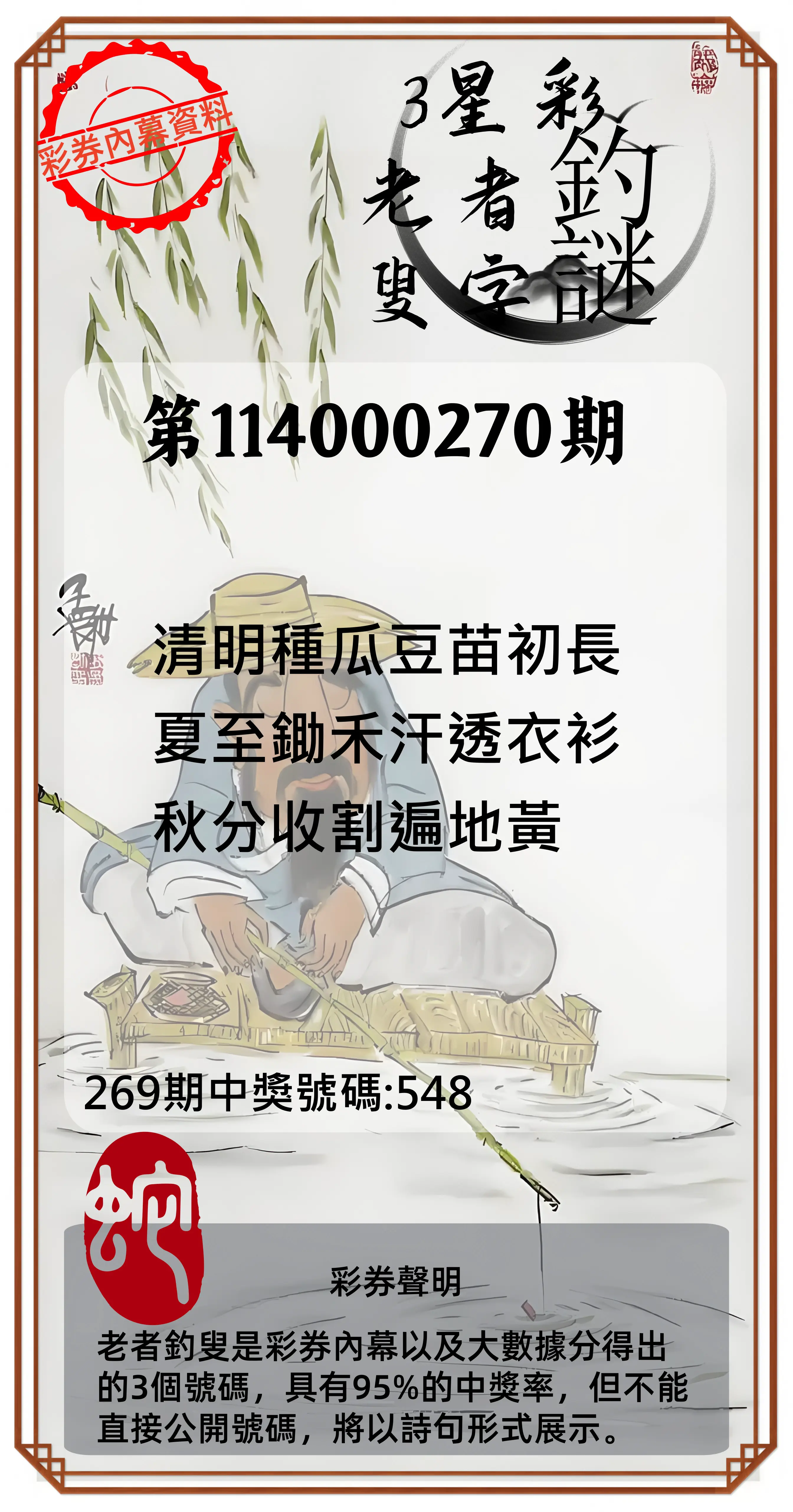 3星彩第114000270期(11/07)老者釣叟頭獎