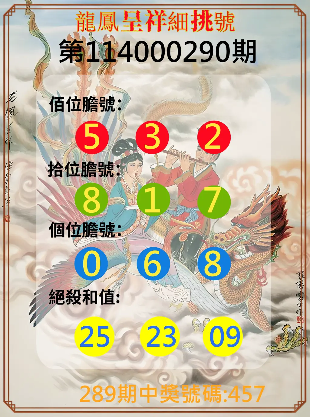 3星彩第114000290期(12/01)龍鳳呈祥細挑號