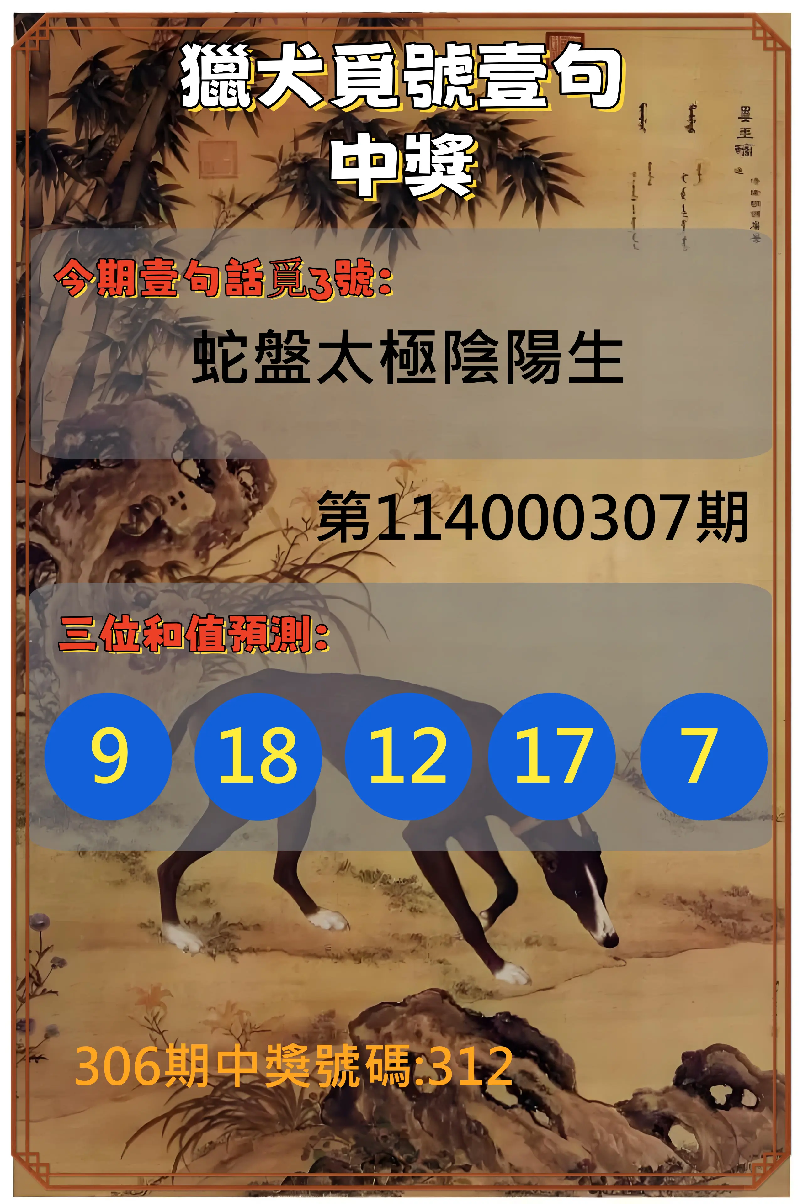 3星彩第114000307期(12/20)獵犬覓號壹句中獎