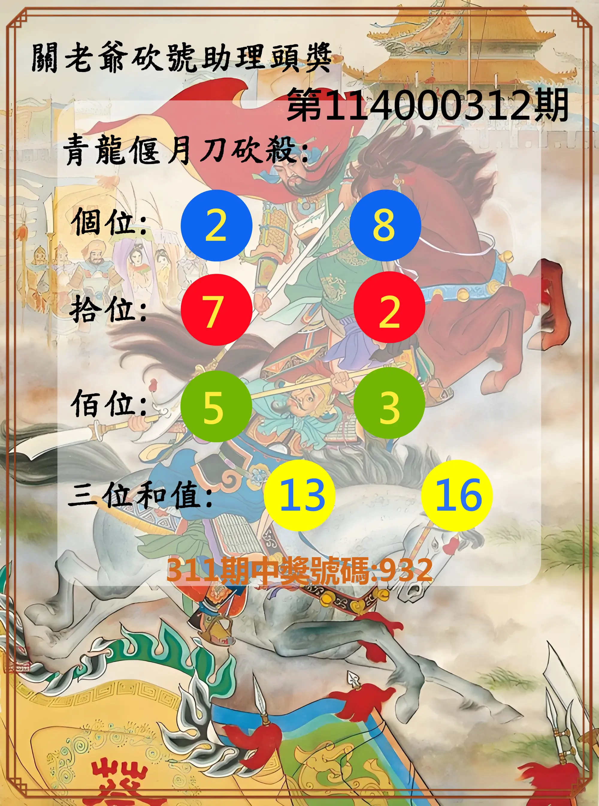 3星彩第114000312期(12/26)關老爺砍號助理頭獎