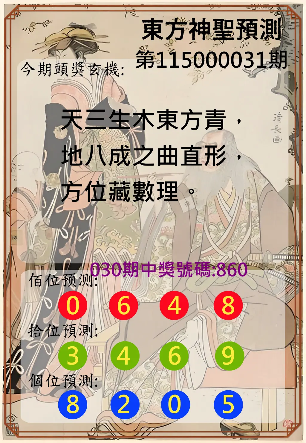3星彩第115000031期(02/05)東方神聖預測