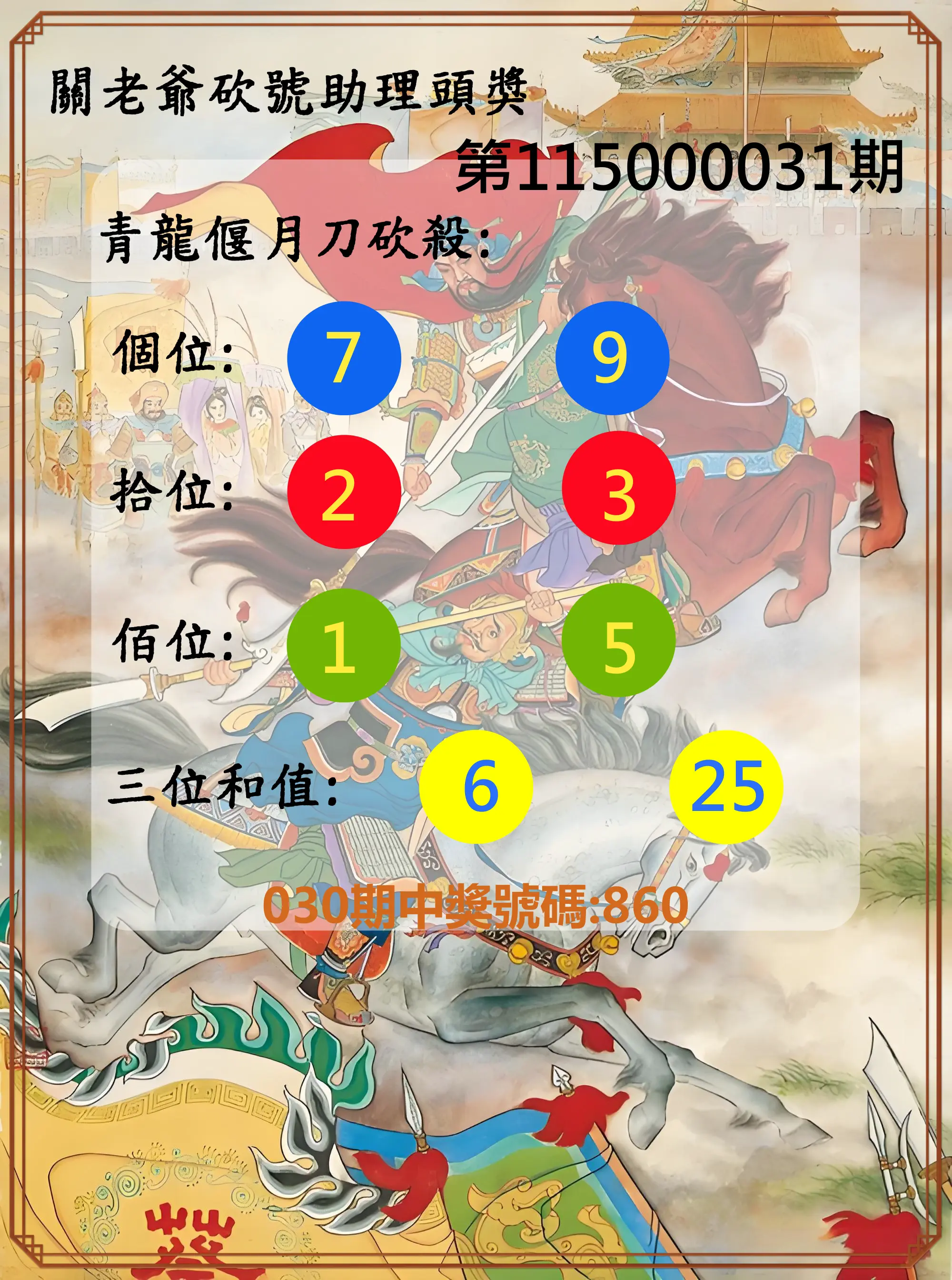 3星彩第115000031期(02/06)關老爺砍號助理頭獎