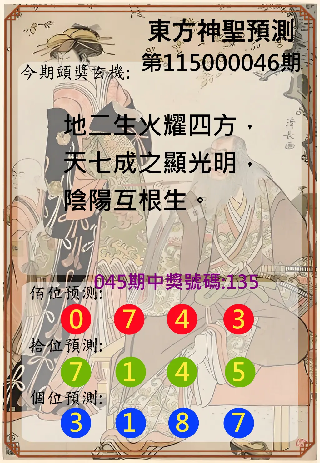 3星彩第115000046期(02/21)東方神聖預測