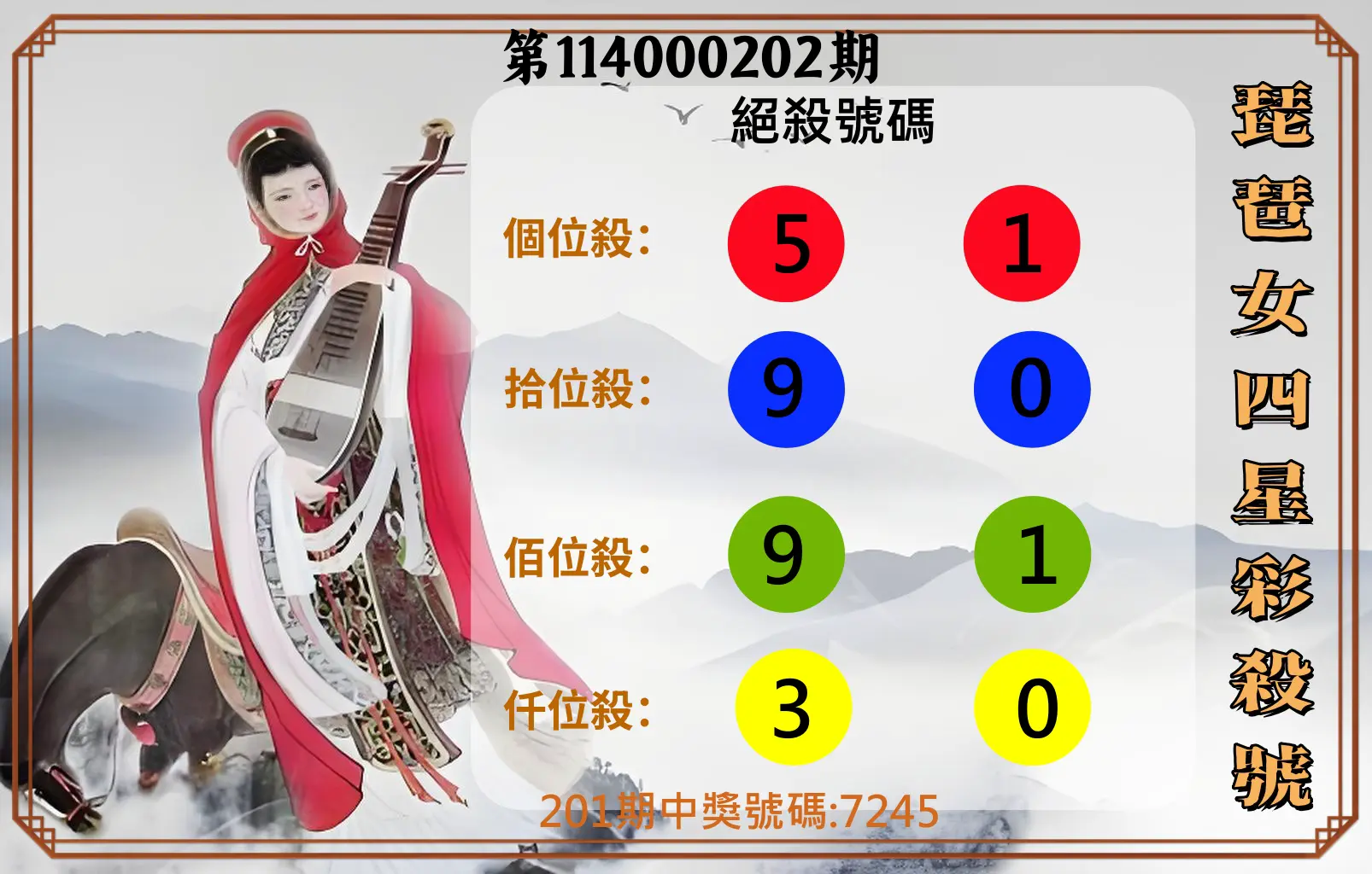 4星彩第114000202期(08/20)琵琶女四星彩殺號