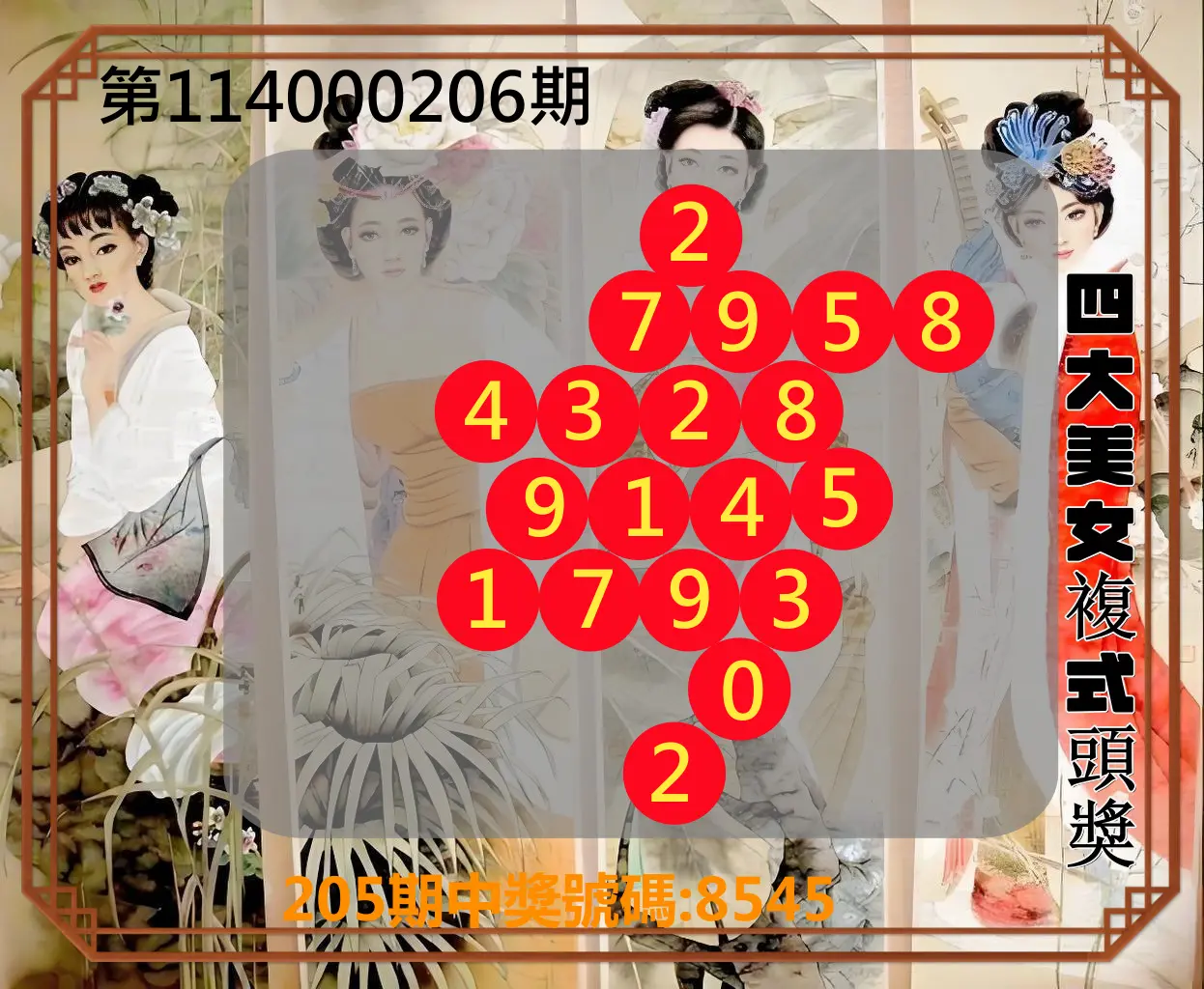 4星彩第114000206期(08/25)四大美女複式頭獎