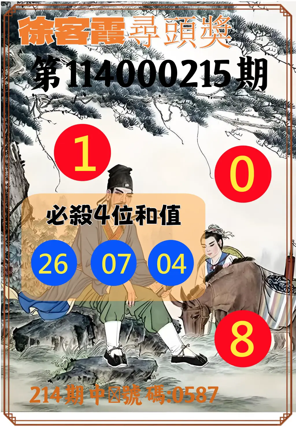 4星彩第114000215期(09/04)徐客霞尋頭獎