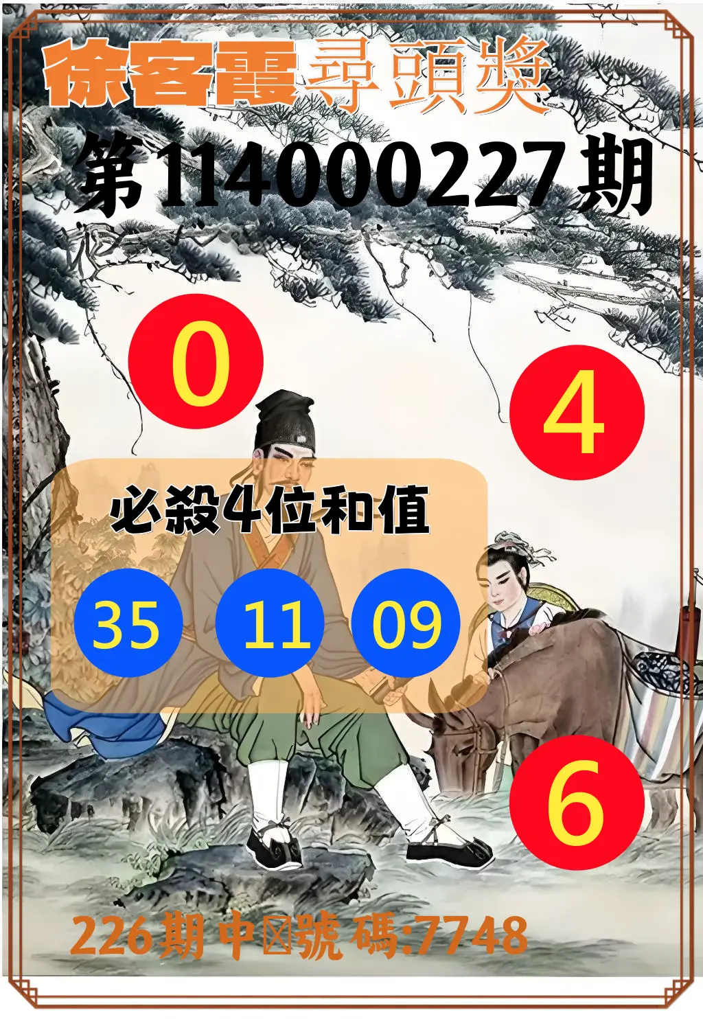 4星彩第114000227期(09/18)徐客霞尋頭獎
