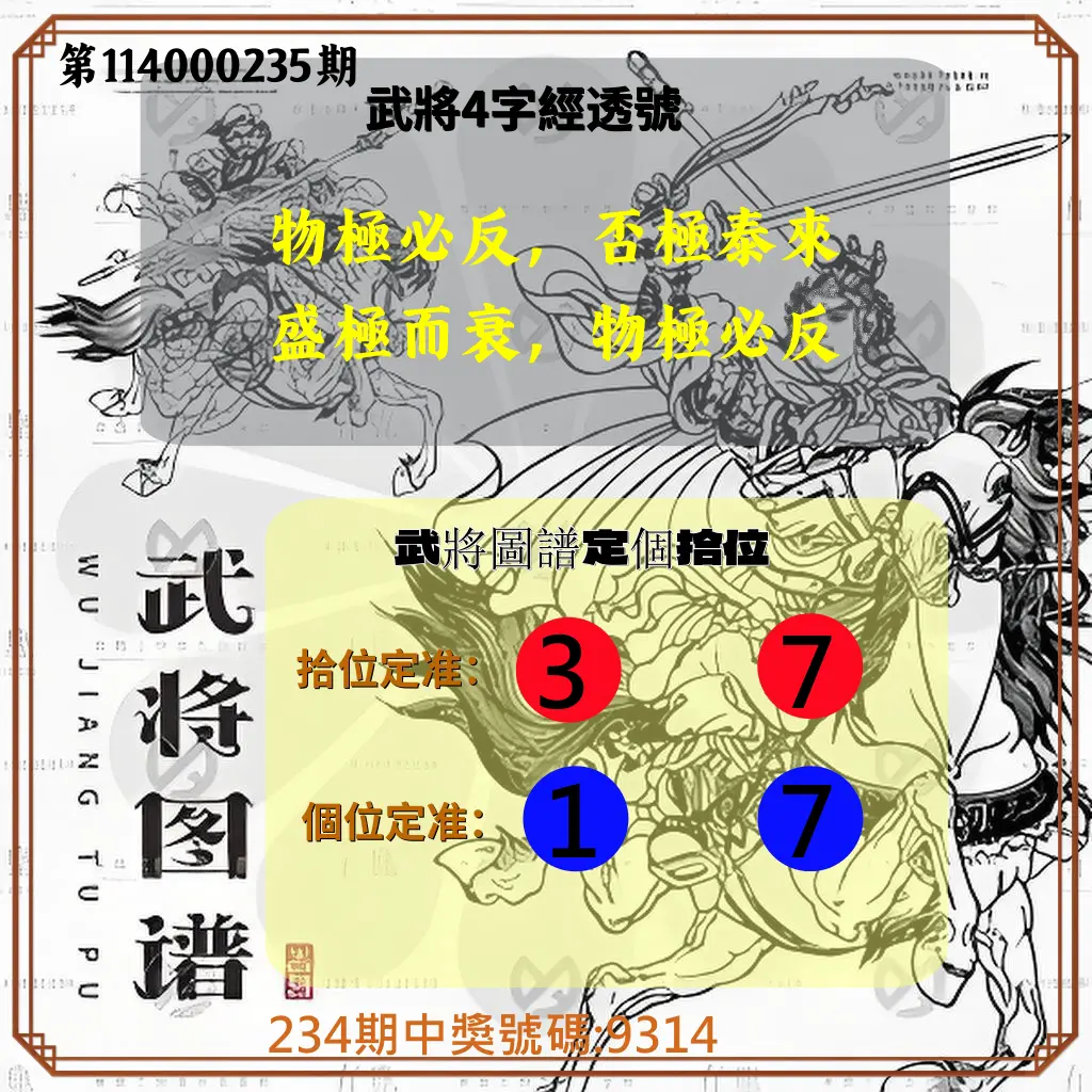 4星彩第114000235期(09/27)武將圖譜