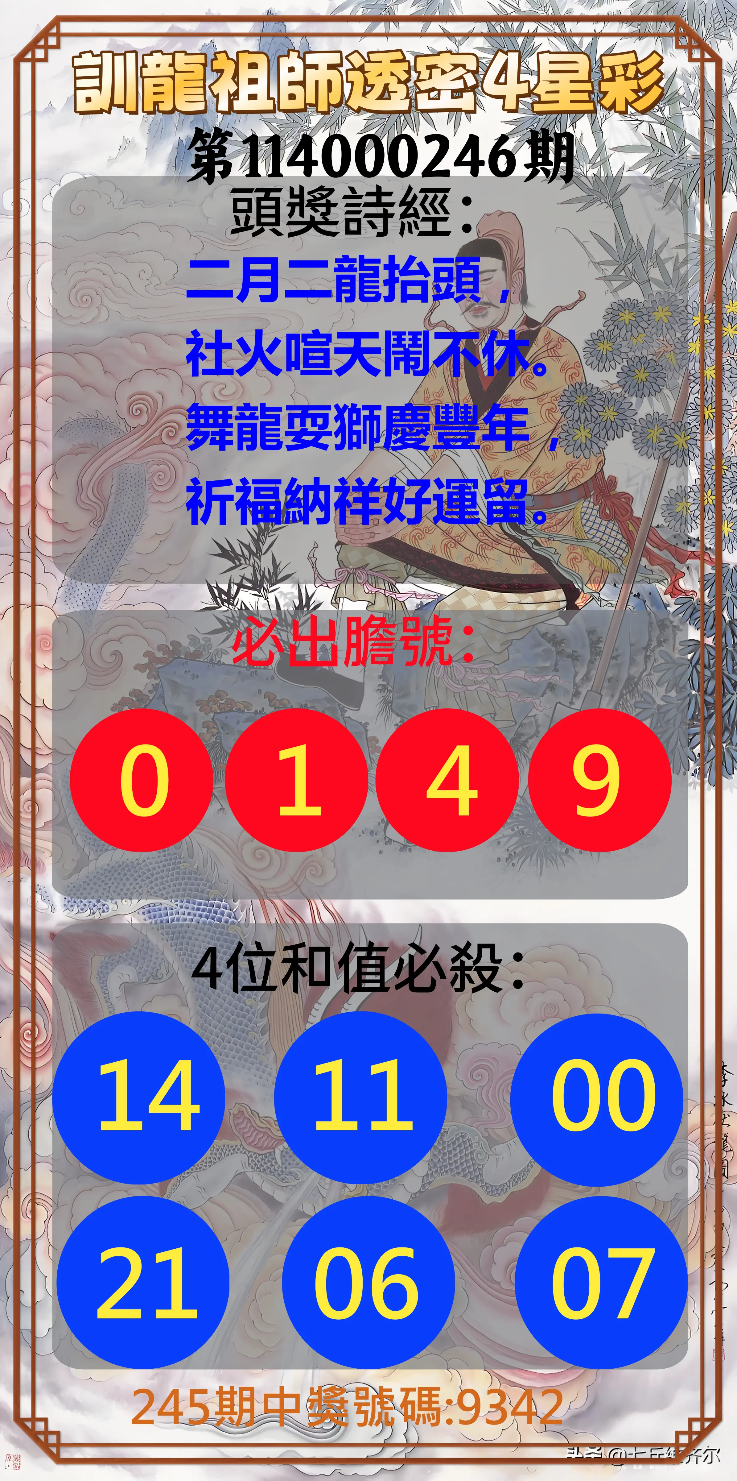 4星彩第114000246期(10/10)訓龍祖師透密4星彩